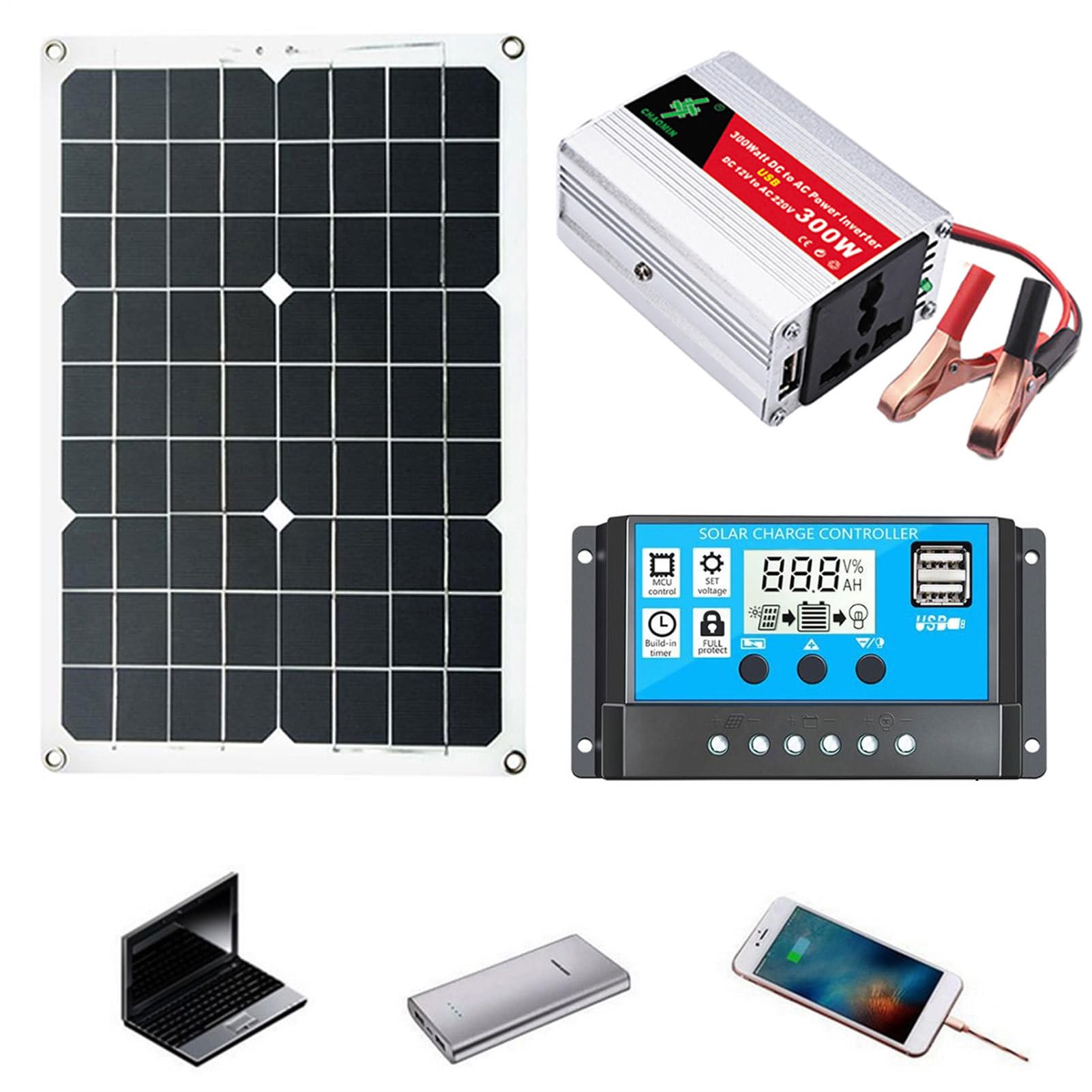 Set di pannelli ,Generatore solare 300W con prese 220V AC | Regolatore di carica solare 30A, caricatore inverter a onda sinusoidale pura, camper, rimorchio, camper, marina, ho