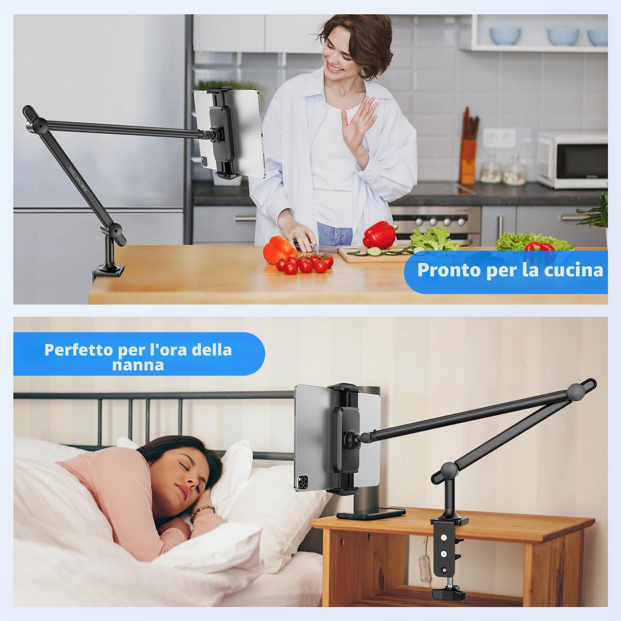 AboveTEK Premium Supporto per Tablet, Supporto per iPad in Alluminio, con Braccio Regolabile e Morsetto, da Scrivania e Letto, con Rotazione a 360°, Compatibile con Dispositivo da 4,7"-13,5" - Nero