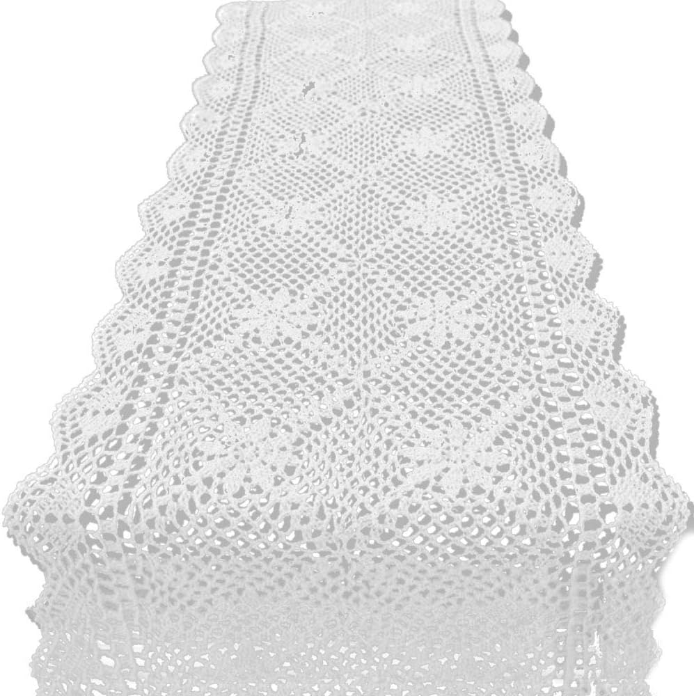 KEPSWET 14x60 inch White Cotton Crochet Lace Rectangular Table Runner Handmade Table Decoration