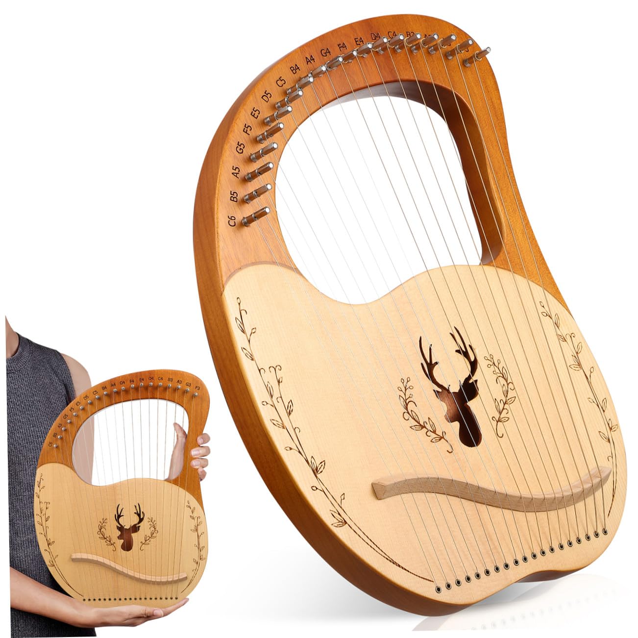 Vaguelly Lyre Harfe, 19 Metallsaiten Harp aus Mahagoni, inkl. Stimmschlüssel, Plektren, Ersatz Saiten, Tasche, Anleitung, Rentier Muster Tragbare Saiteninstrument für Anfänger