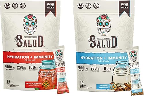 Salud - Paquete de 2 Hidratación 2 en 1 + inmunidad (fresa) e hidratación + inmunidad (horchata) 15 porciones cada una, mezcla de bebida Agua