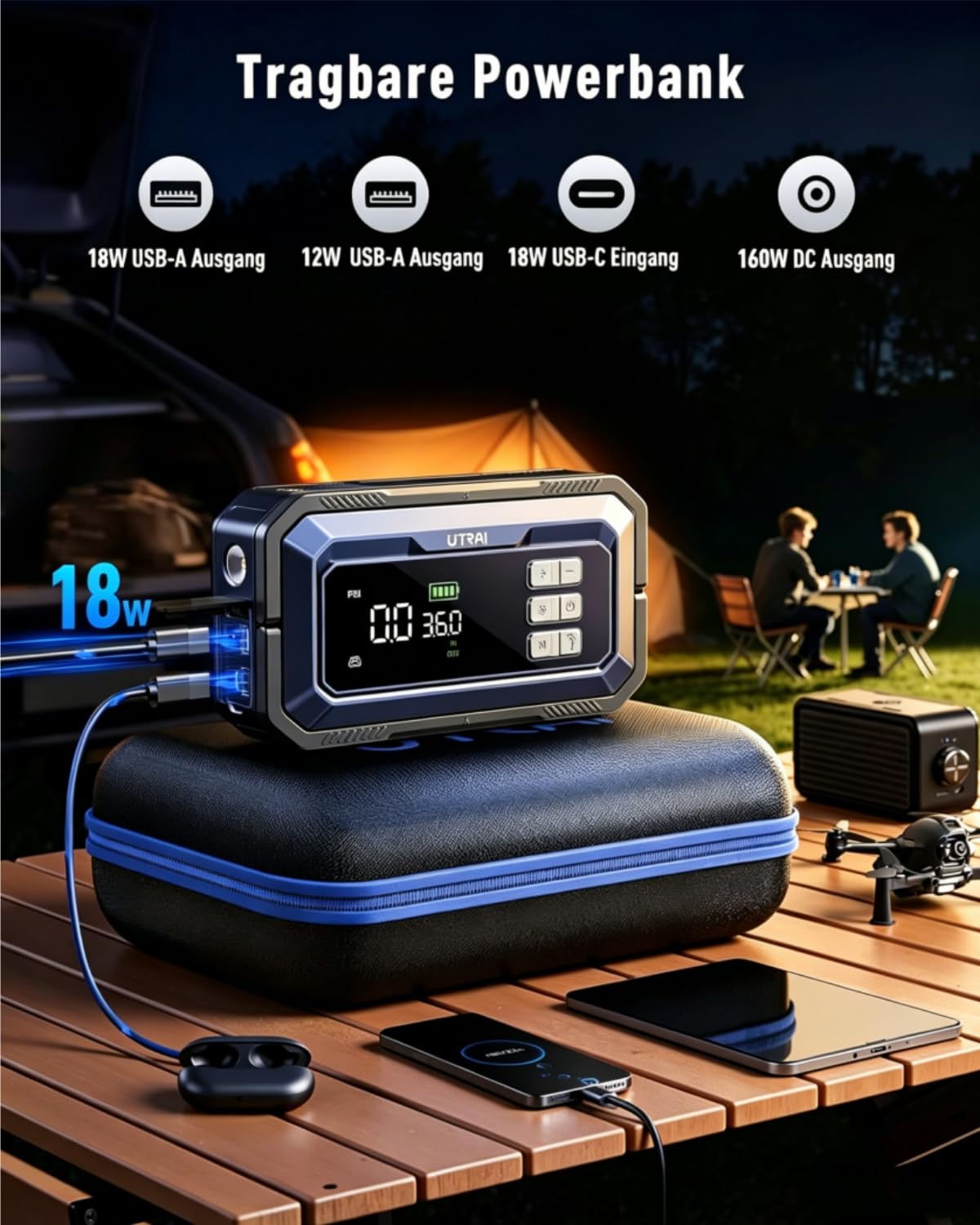 UTRAI Starthilfe Powerbank mit Kompressor für Alle Benzin & Bis 12L Diesel | 7000A Spitzenstrom, 150 PSI Kompressor, 160W DC-Ausgang, 2000 Lumen LED-Lampe, Mehrfacher Sicherheitsschutz, 18W USB-Ausgang