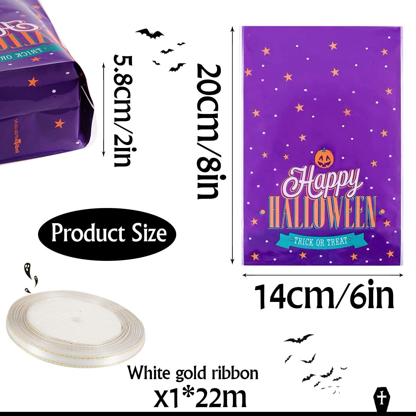 100PCS Halloween Candy Bags Chocolate Cookie Bags with 72Ft Satin Ribbon and Cat Pumpkin Pattern Trick or Treat Bag for Biscuit Goody Snack Party Favors Gift Supplies Decor 7.9 x 5.5 Inch (50+50Pcs)