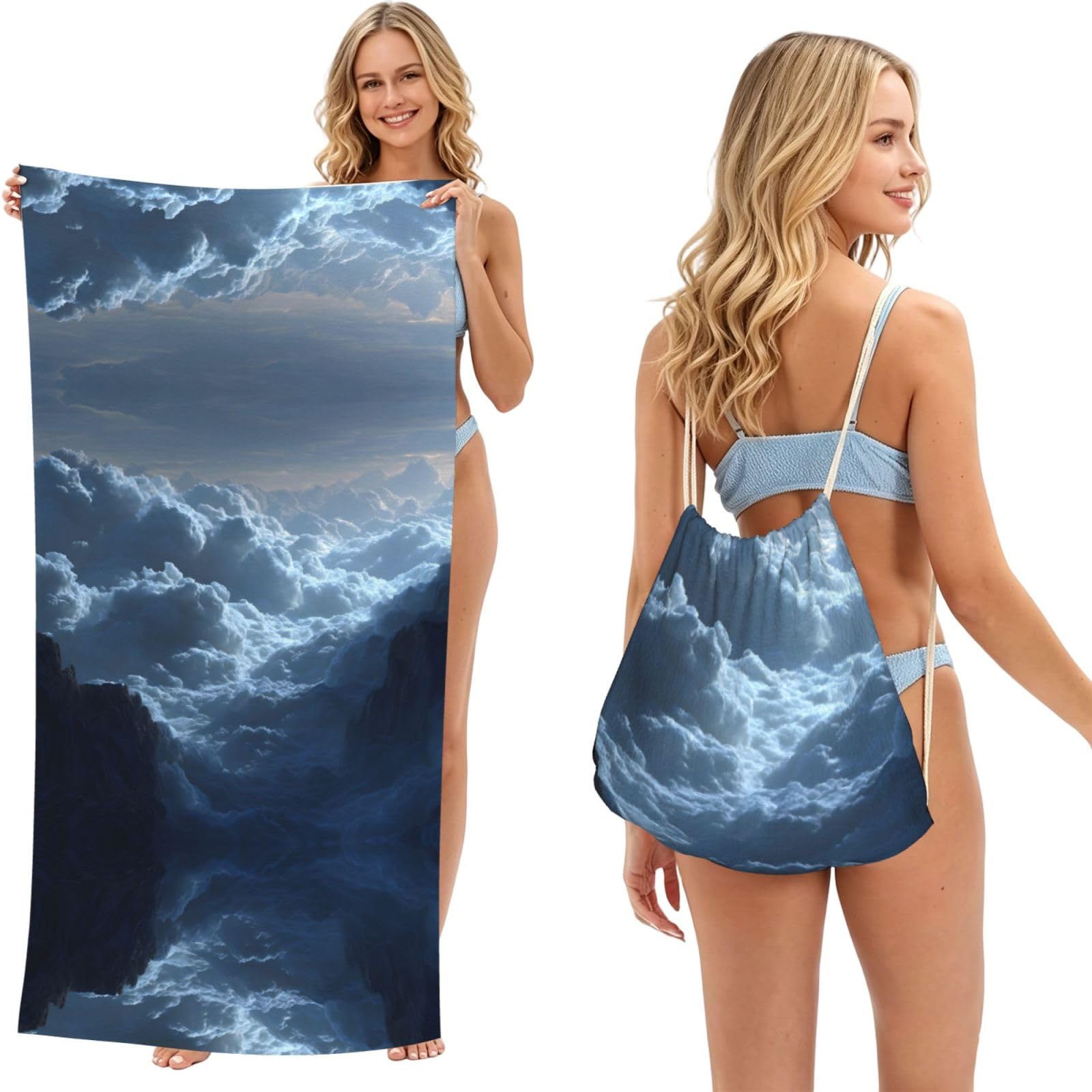 ESNAIUVCD Sea Of Clouds Print Beach Towel For Adults,Towel With Drawstring Bag, Travel Pool Swimming Sports Shower Sand Free Quick Dry Bath Towel For Pool, Beach, Yoga- 180x60cm