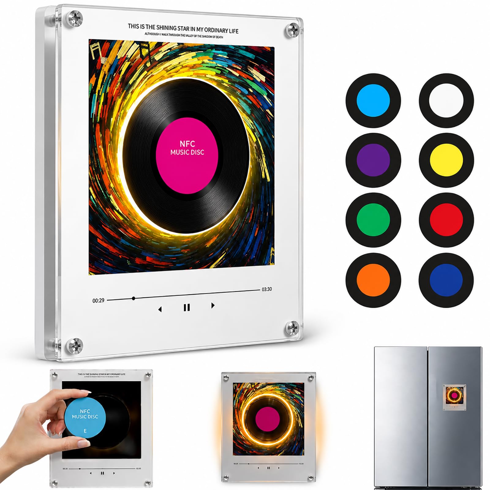 Lettore Musicale Magnetico da Frigo, Magnete per Frigorifero con Carillon, Mini Giradischi Magnetico con 9 Dischi, Jukebox Magnetico con Rotazione Ed Effetti Luminosi, 2