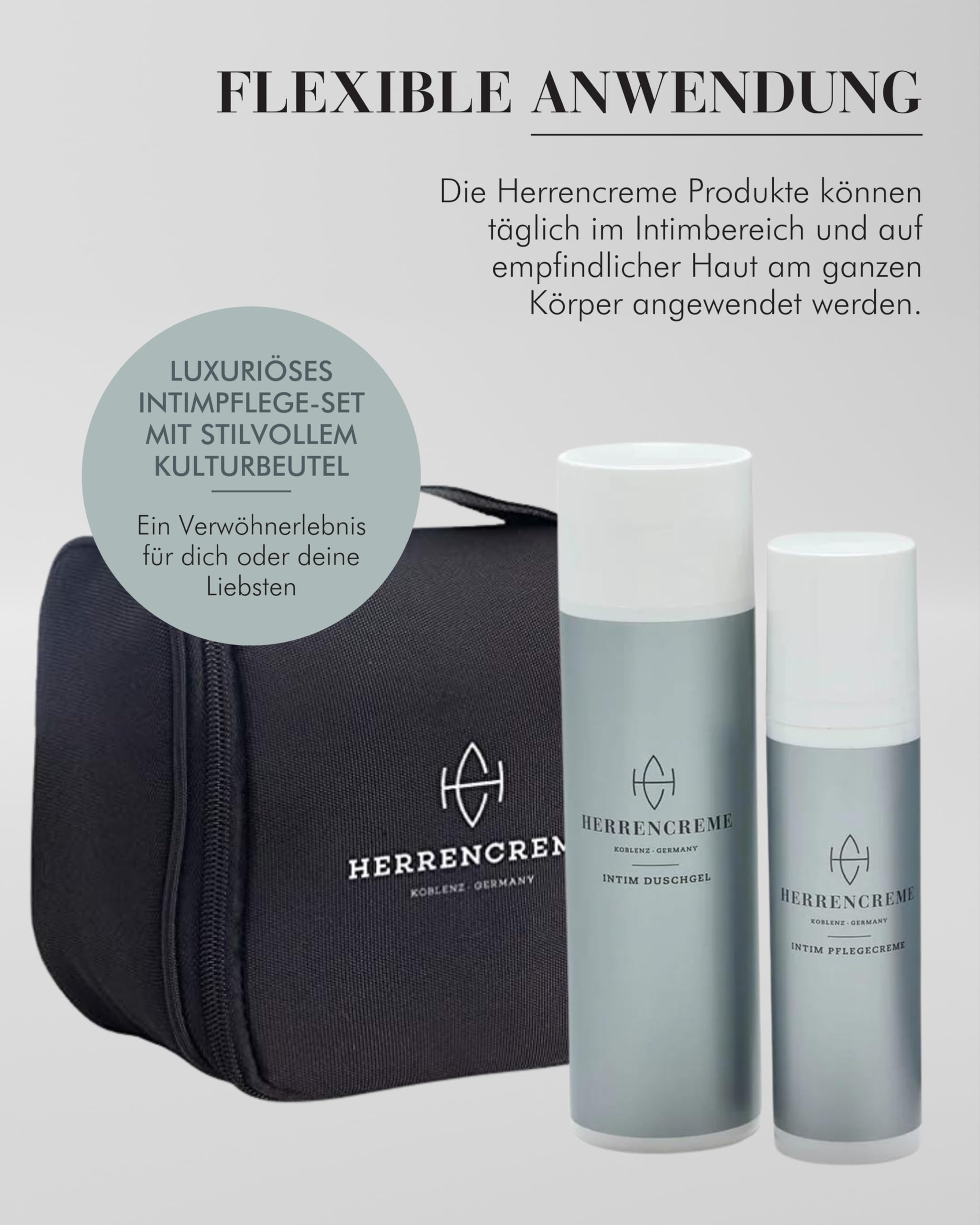 HERRENCREME Intim Pflege Geschenkset für Männer I Set mit Intim Duschgel 200 ml, Pflegecreme 75 ml & Kulturbeutel I Herren Intimpflege vom Urologen entwickelt I vegan & dermatologisch getestet