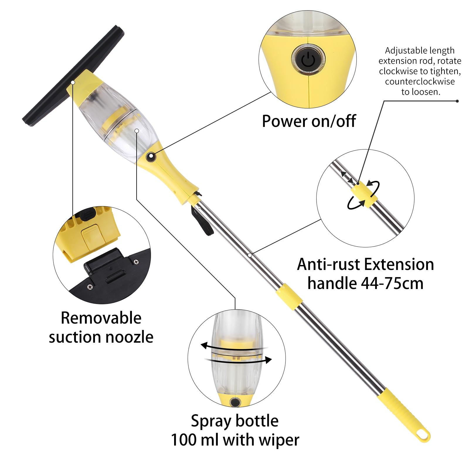 Limpiador de Ventanas Eléctrico,Limpiacristales eléctrica, Aspirador de Ventana con mango telescópico,boquilla succión de 28 cm, botella pulverizadora con funda microfibra para limpieza sin rayas 360°
