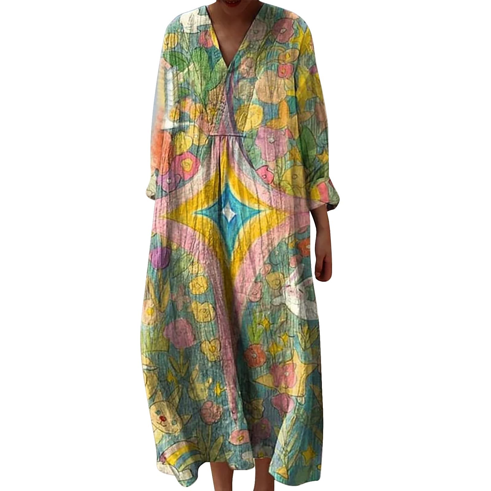 Abito lungo estivo in mussola da donna, maniche a 3/4, maniche a volant, stile bohémien, casual, ampio, con scollo a V, stampa floreale, leggero, ampio, arioso