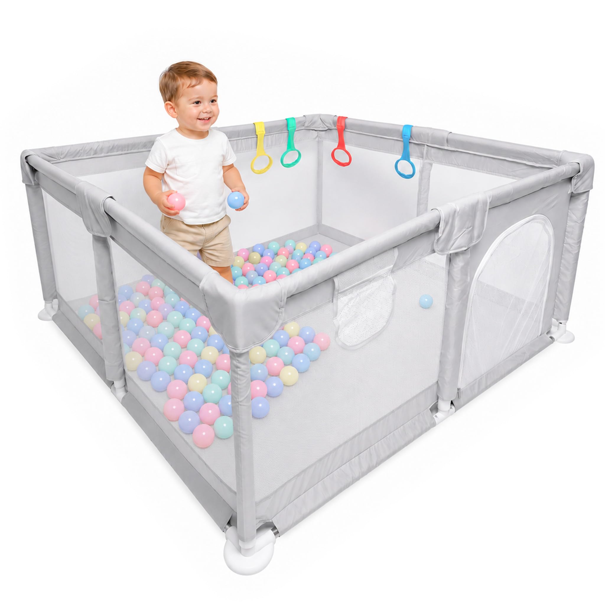 Parque Infantil Bebé Grande, Corralito de Juegos con Malla para Niños Bebes | 150x180 cm, incluye 4 ganchos de apoyo y bolas de colores, estructura de acero, malla transpirable, 0-3 años