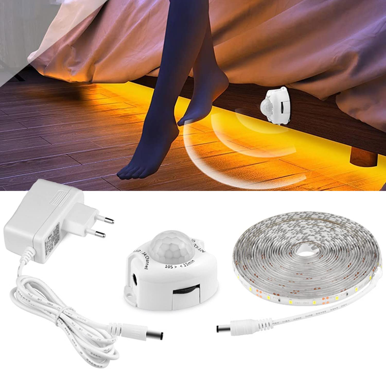 SYOSI LED Under Cabinet Lighting Motion Sensor, 9.8Ft Bed Stairs Wardrobe Lamp Tape, Waterproof DC 12V Motion Activated LED Waterproof Closet Night Strip Light (Warm White, 3M)