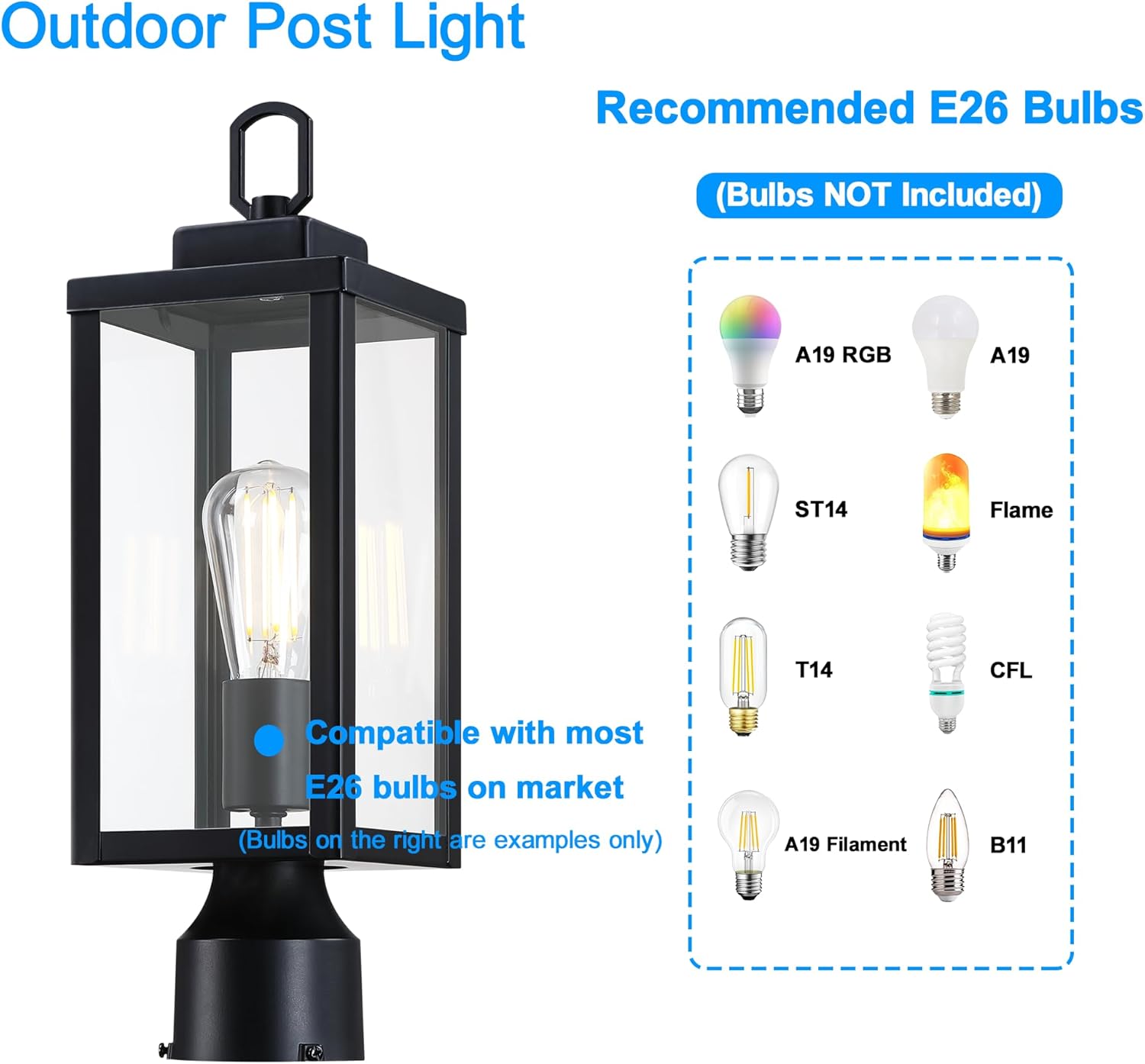 YaoKuem Outdoor Post Light, Pole Lantern, E26 Base 60W Max, Metal Housing Plus Glass, Wet Location Rated, Bulbs not Included, Matte Black, 1 Pack