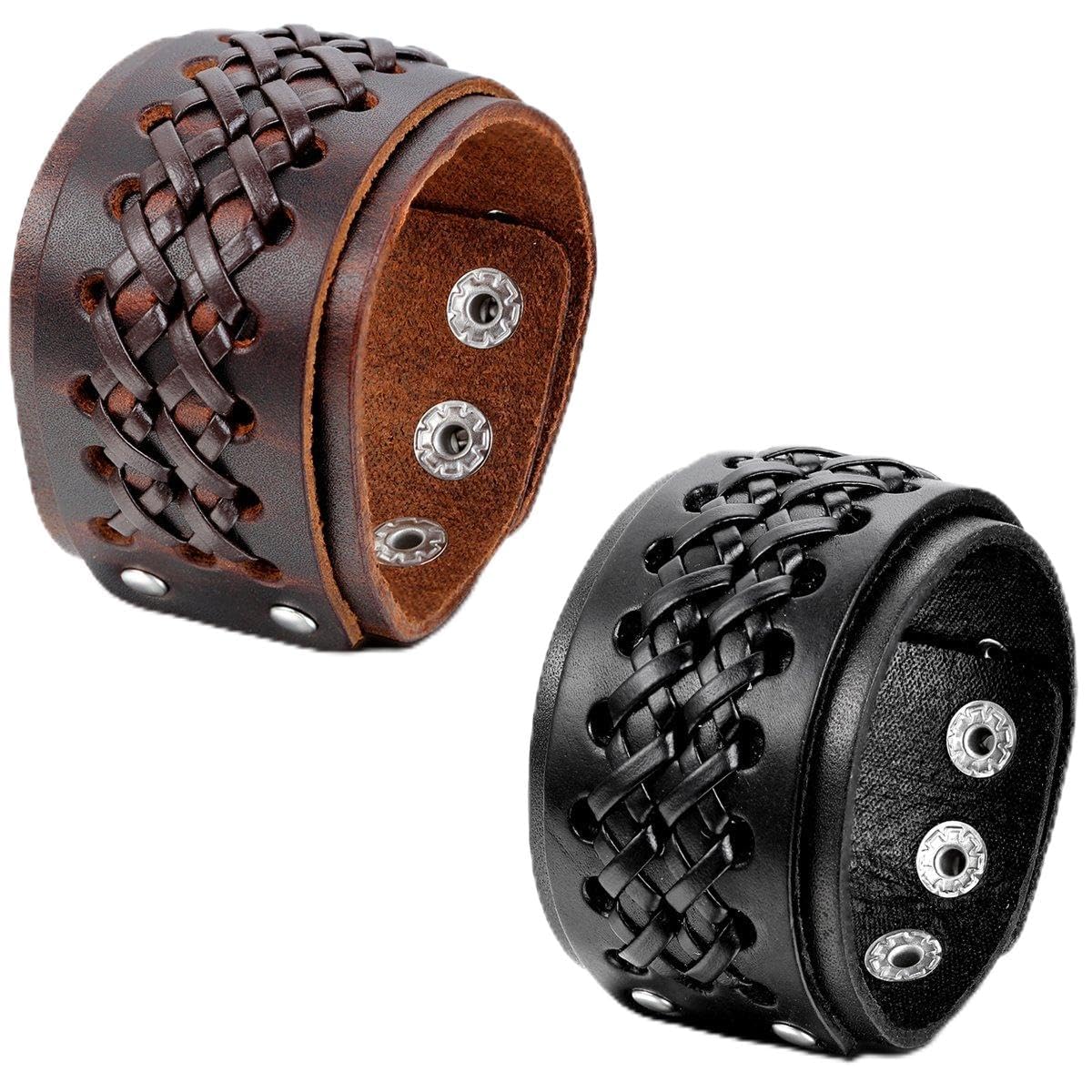 JewelryWe Schmuck Herren Lederarmband, Breit Leder Echtleder Armband Armreif Manschette Armband verstellbaren 6.5-8.5 Zoll Punk Biker Rock, schwarz/braun