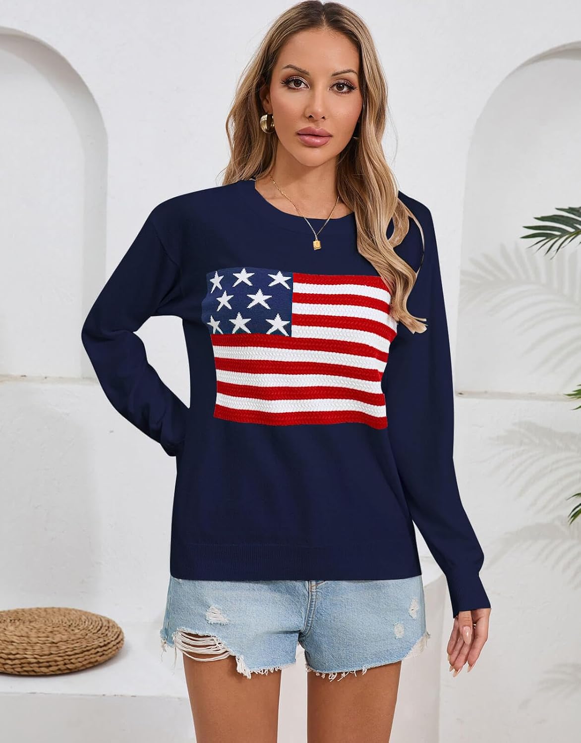 Alsol Lamesa Women's American Flag Sweater Soft Lightweight Long Sleeve Crew Neck Pullover Sweaters - Image 6