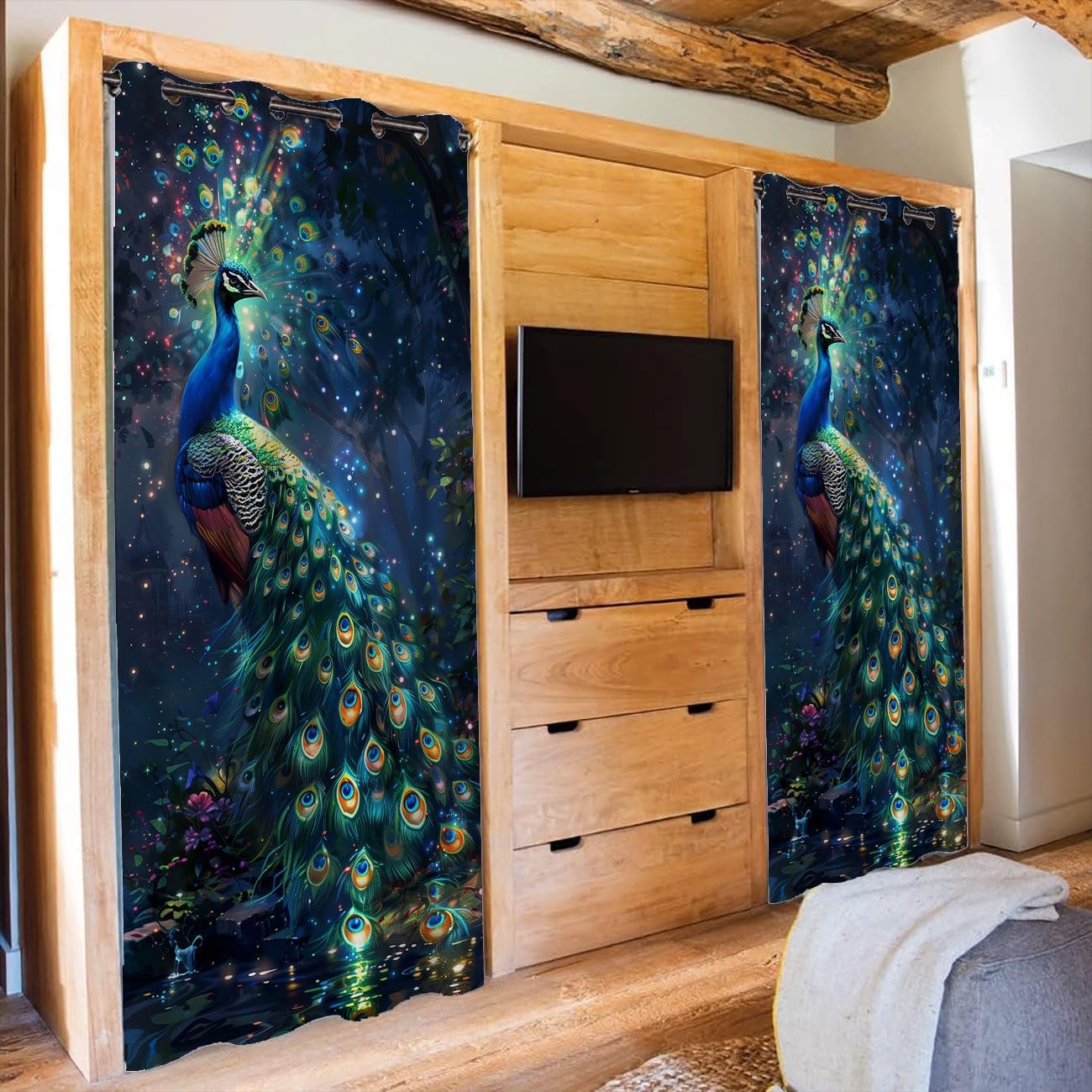 Peacock Door Curtain Home Decor, Feathers Forest Night Moonlight Room Darkening Blackout Curtain for Kids Boys Girls Teens Bedroom Living Room Closet 1 Panel 34" W X 80" L