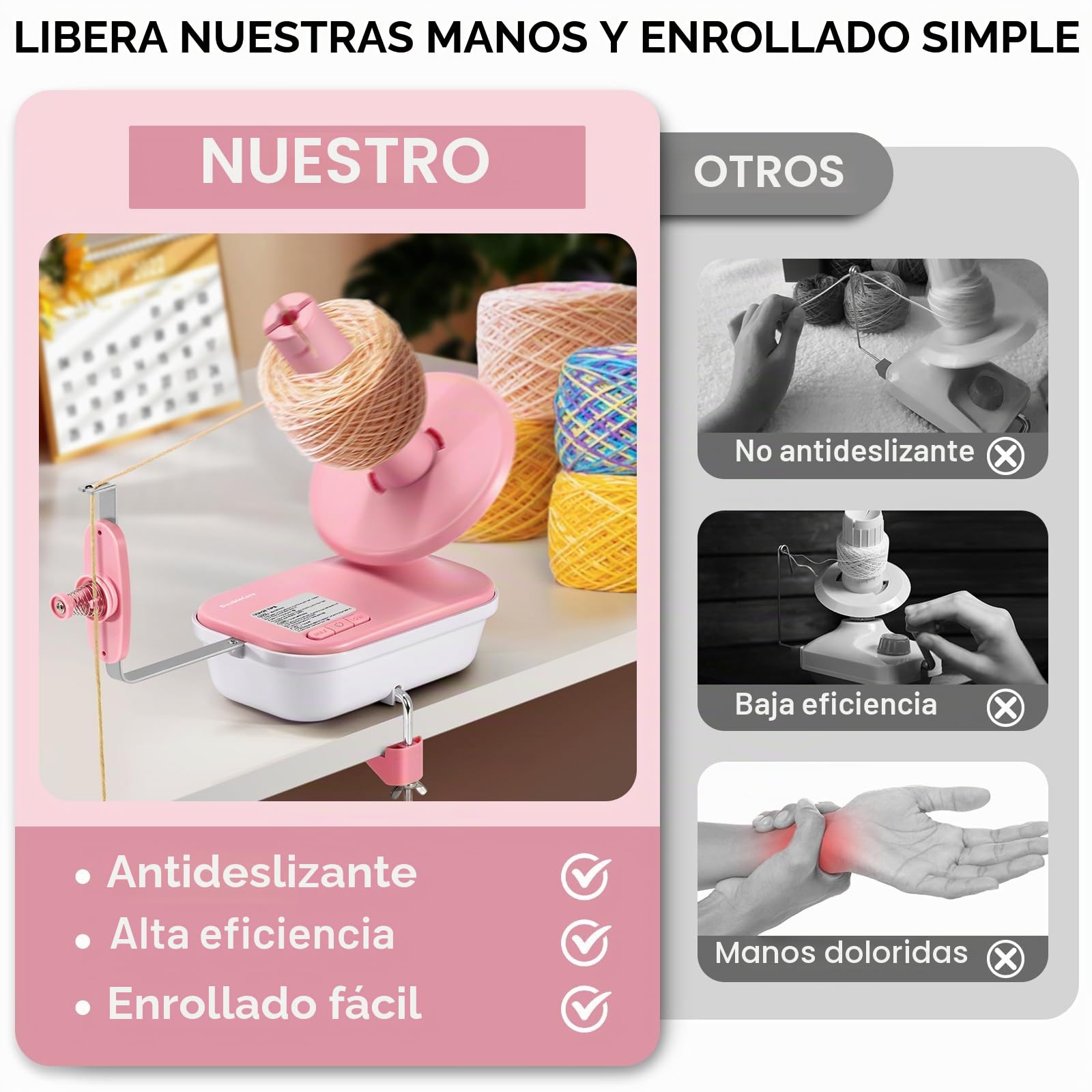 Bobinadora de Lana Eléctrica para Crochet de Alta Velocidad, Bobinadora Automática de Bolas de Hilo de Gran Capacidad Ajustable de 4 a 10 oz con Tres Velocidades Mejorada, Niladora de Hilo, Rosa