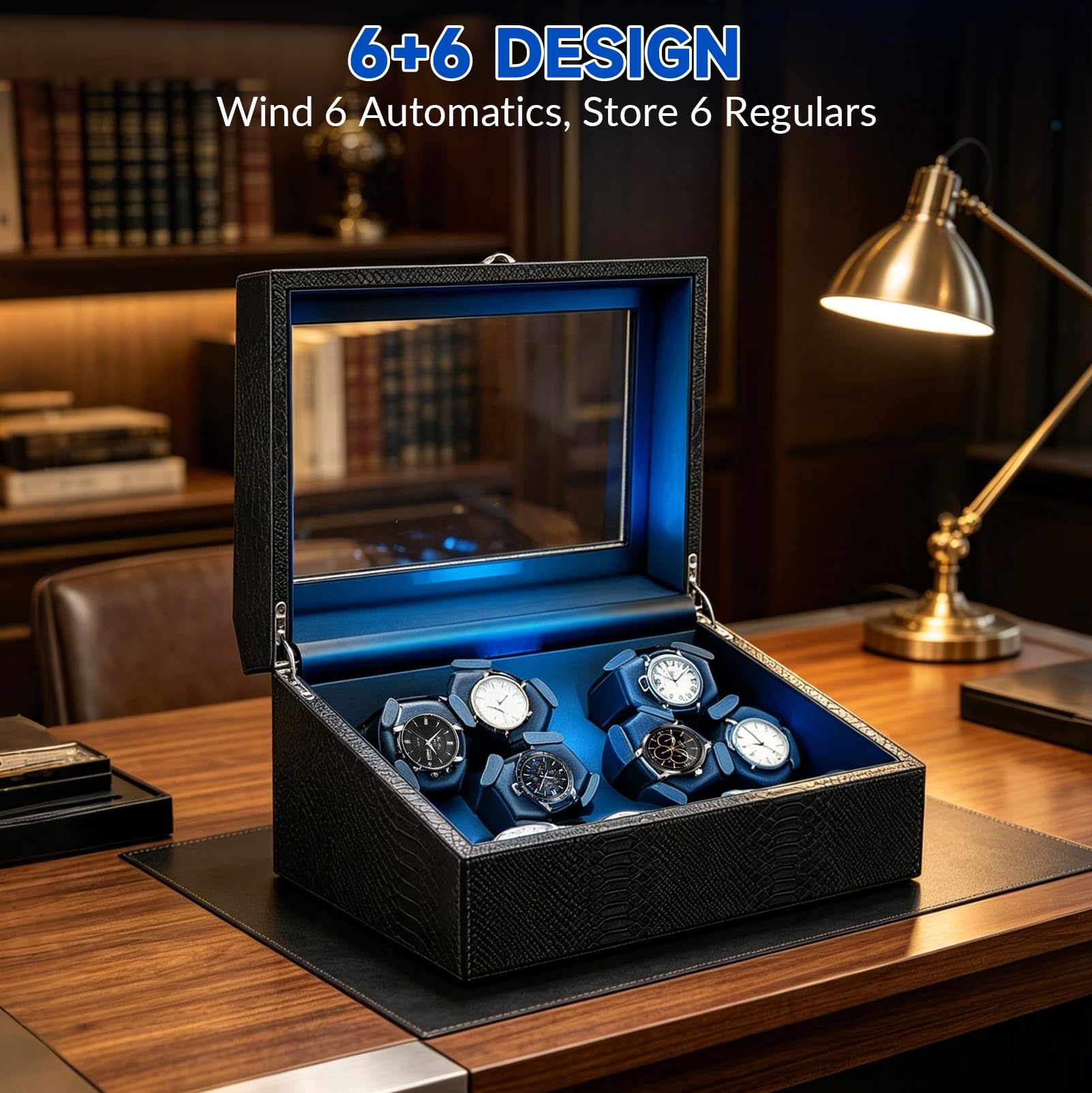 Caricatore automatico per orologi da 6 + 6 orologi, con illuminazione a LED, 4 modalità di rotazione, memory foam antigraffio, motore super silenzioso, cavo di ricarica USB-C