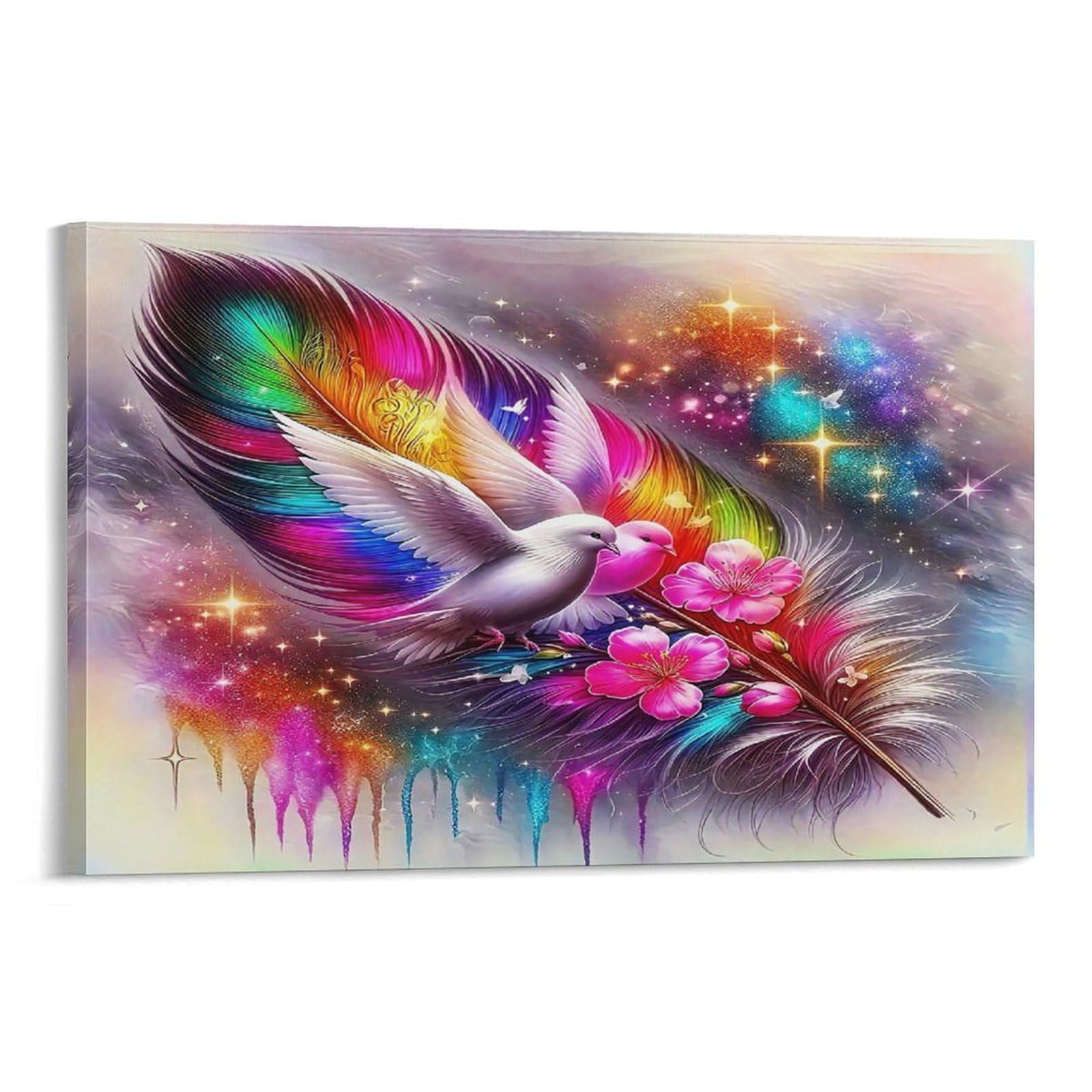 CPLVKWRQJ Snowy Night Love Doves Under Moon Individual White Dove Rainbow Feather Pink Blossoms Canvas Wall Decor - Nursery Wall Hanging Space Saving Removable Ready to Hang 08x12inch(20x30cm)