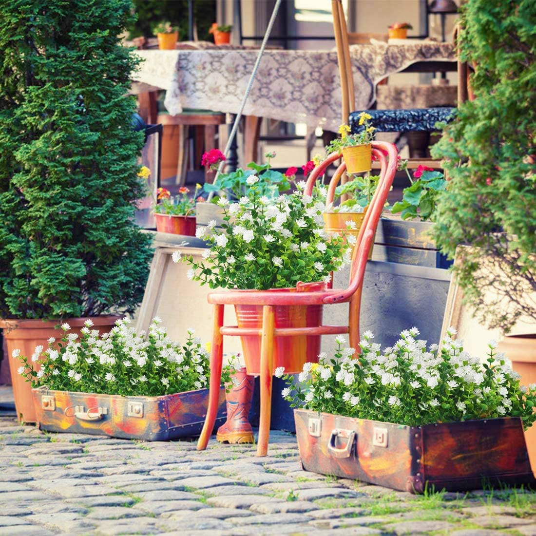 8 Pezzi Fiori Finti Artificiali Arbusti Piante Fiori Artificiali Resistenti ai Raggi UV Arbusti Verdi Artificiali Decorazione per Giardino Finestra Decorazione per Matrimoni Feste (Bianco)