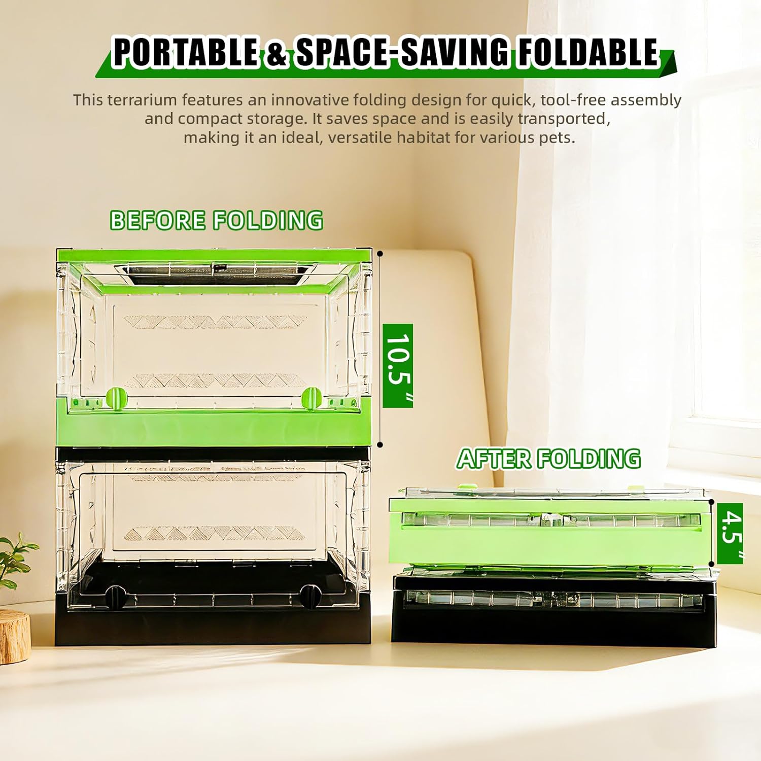 Foldable Reptile Terrarium with Sliding Door Portable Spider Enclosure, Lizard Cage, Plastic Habitat for Tarantula, Tree Frog, Leopard Gecko, Snake, Hermit Crab Ventilated Terrarium Starter Kit Green