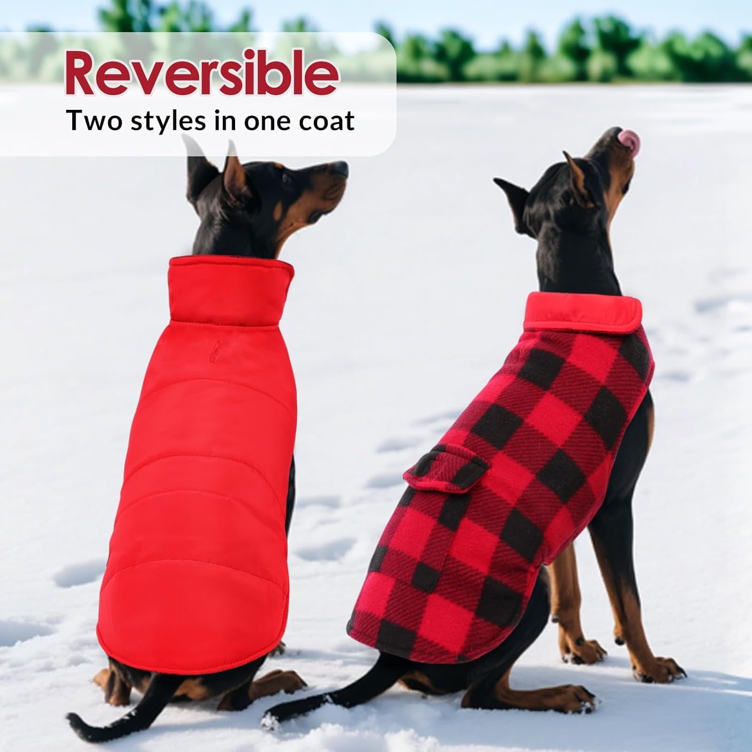 ASENKU Dog Winter Coat, Fleece Doggie Jacket Plaid Reversible Vest Waterproof Windproof Cold Weather Clothes for Small Medium Large Dogs(Red, M) - Image 4