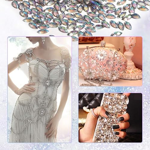 Miniatura 6 de Walfront 500 diamantes de imitación de cristal, 0.236 x 0.596 pulgadas de acrílico en la parte trasera plana, decoración en forma de ojo de caballo