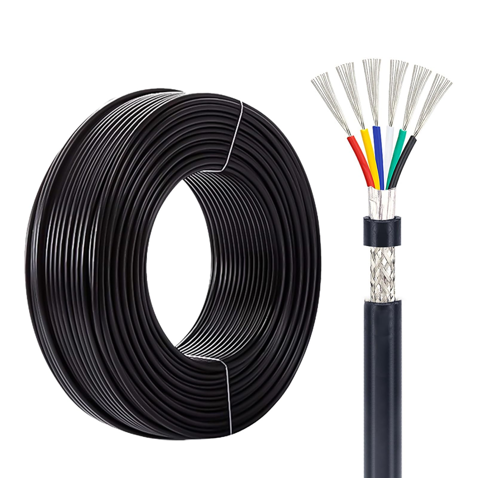 6-adriges Abgeschirmtes Kabel 16–28AWG Verzinntes Kupfer PVC Isoliert Mehradriges Signalkabel Für Auto Batterie Solarpanel Außenbeleuchtung(200ft,16AWG-6C)