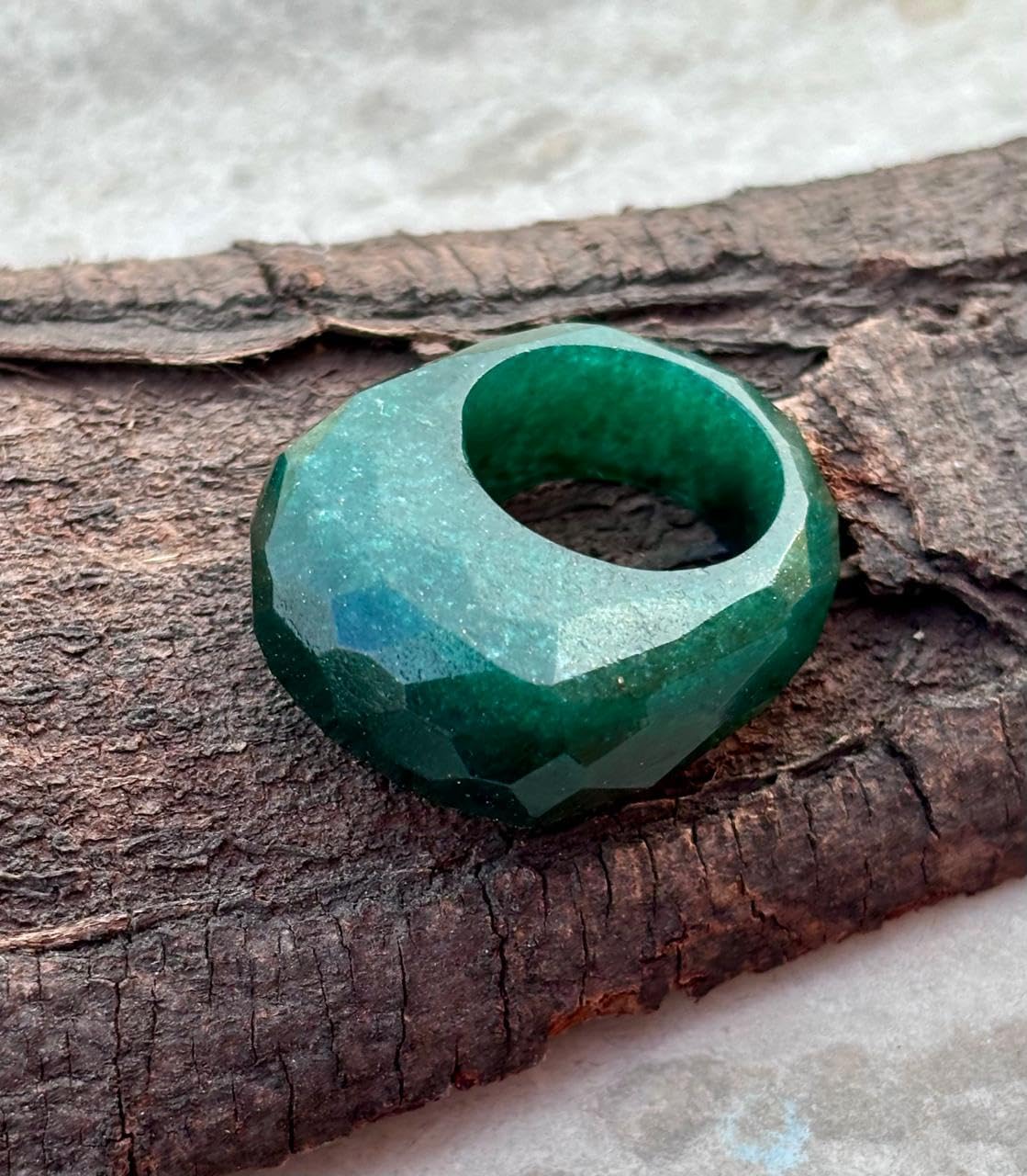 Faceted Natural Green aventurine Ring, Wide Band Statement Ring, Geometric Design, gemstone ring