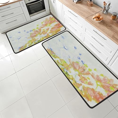 Tapete de cocina acolchado antifatiga, estilo pintura al óleo, flores, juego de 2 piezas, duradero, resistente a las manchas, parte inferior