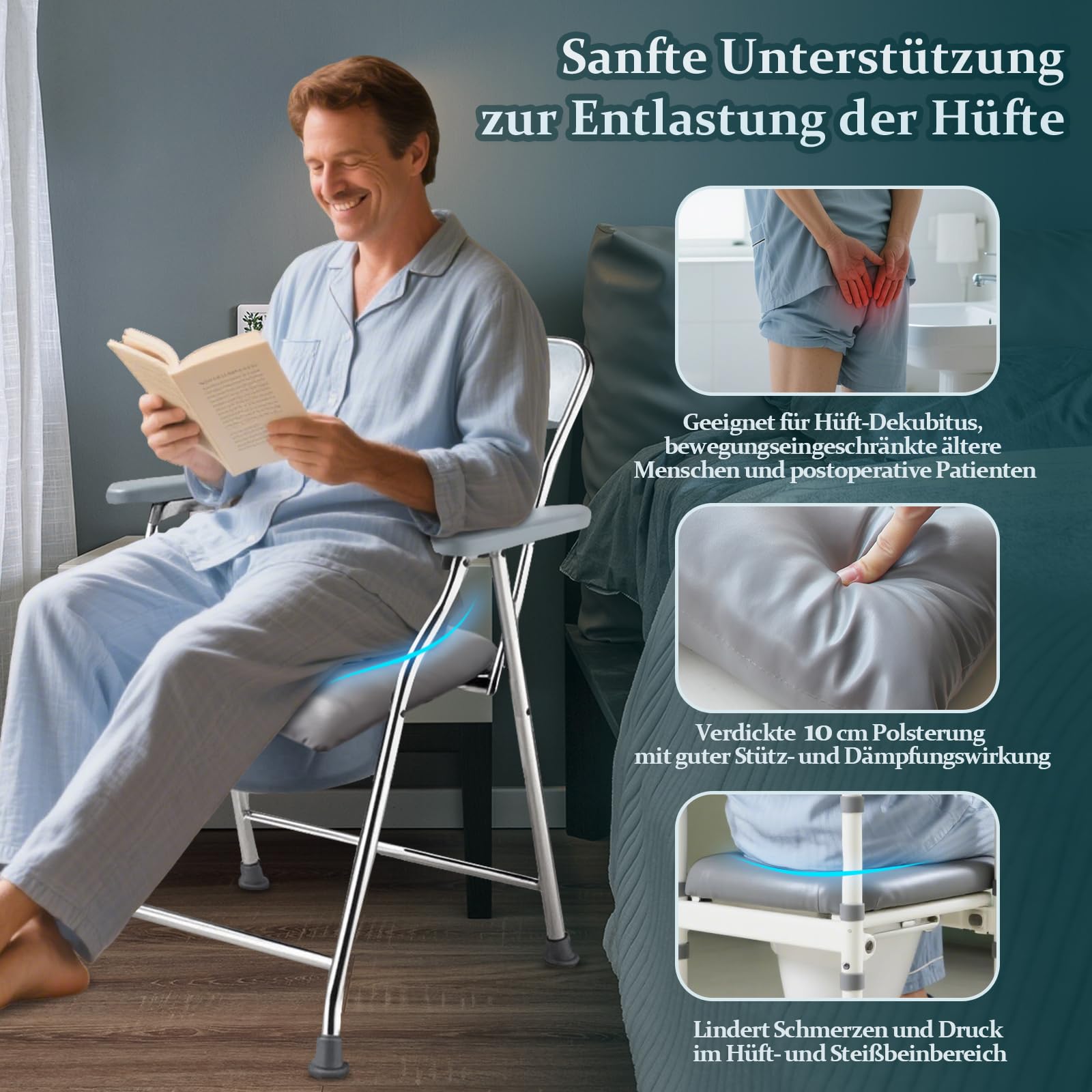 Sitzauflage für Toilettenstuhl & Duschstuhl/Komfort Toilettensitzerhöhung/Anti-Dekubitus kissen/Wärmend, waschbarer PU-Bezug, Fixiergurte - Für Senioren, Schwangere