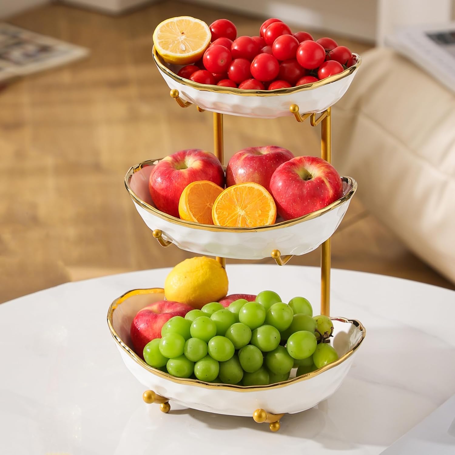 ciotola per frutta in ceramica a 3 strati con supporto in metallo, ciotola per frutta a più livelli, elegante vassoio per servire frutta, verdura e snack, ciotola decorativa per cucina e