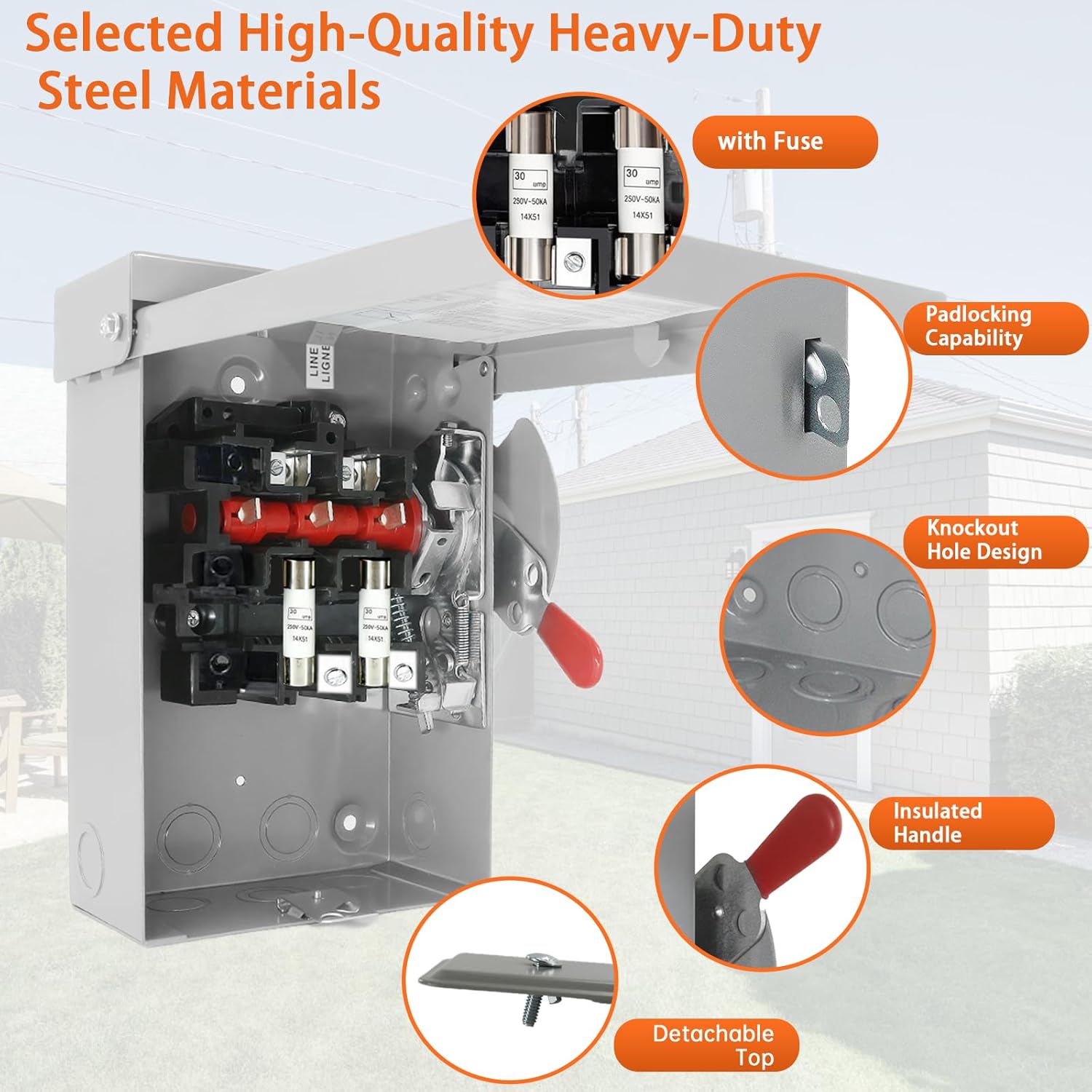 2P 30Amp Fusible Safety Switch, 120V/240V Heavy Duty Disconnect Switch, NEMA 3R Rated, for Outdoor/Indoor Use