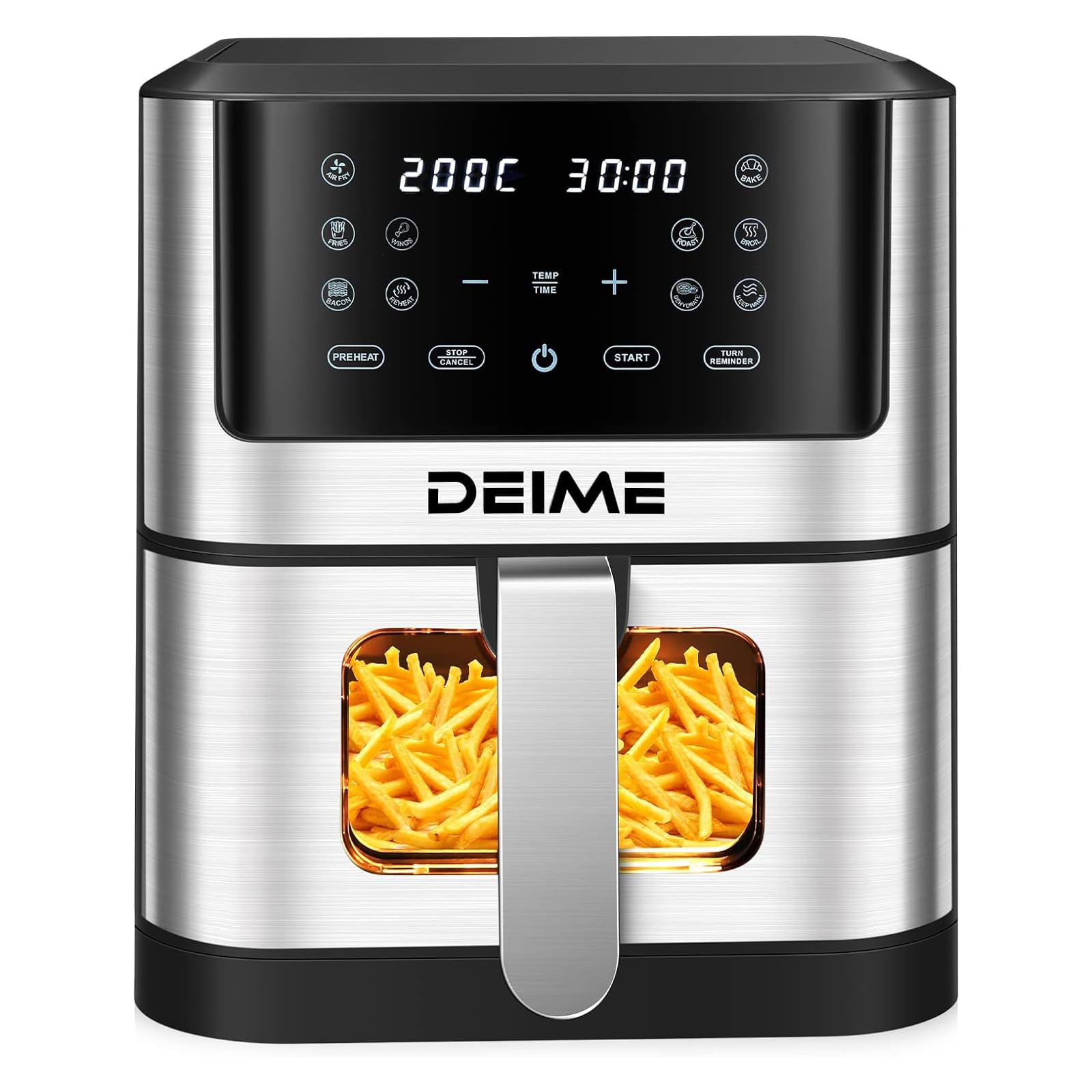 Freidora de Aire 10 Funciones, 6L, 1500W, Control Digital de Temperatura 80-200°C y Tiempo, Temporizador hasta 60 min. Pantalla LED, Ventana de Cocción Visible, Antideslizante. (6 LITROS)