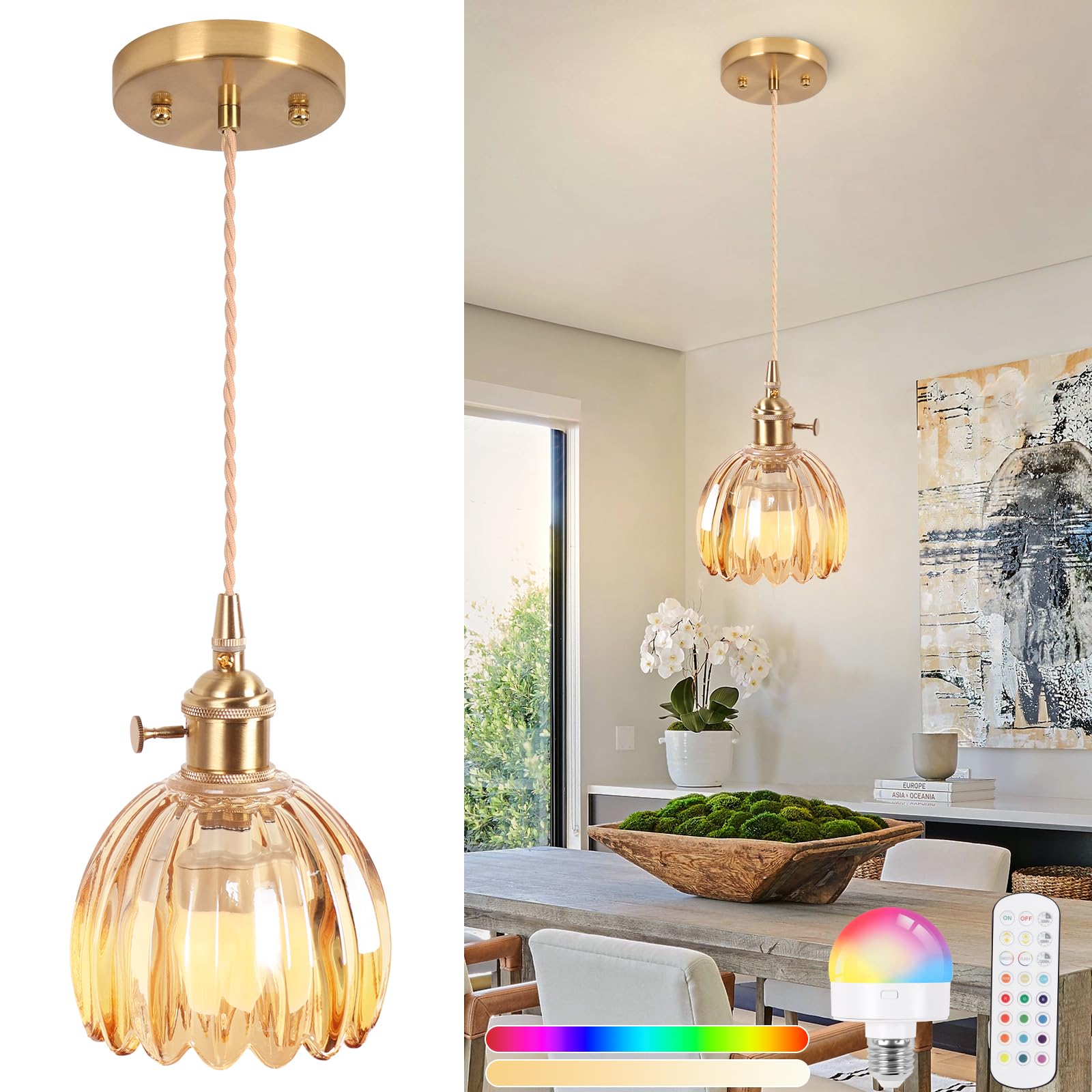 Retro Battery Operated Pendant Lights Fixtures With Amber Glass Lampshade, Rechargeable RGB Bulb 2500mAh, Remote Control, Wireless Vintage Chandelier for Bedroom Kitchen Island Hallway - Amber, 13cm