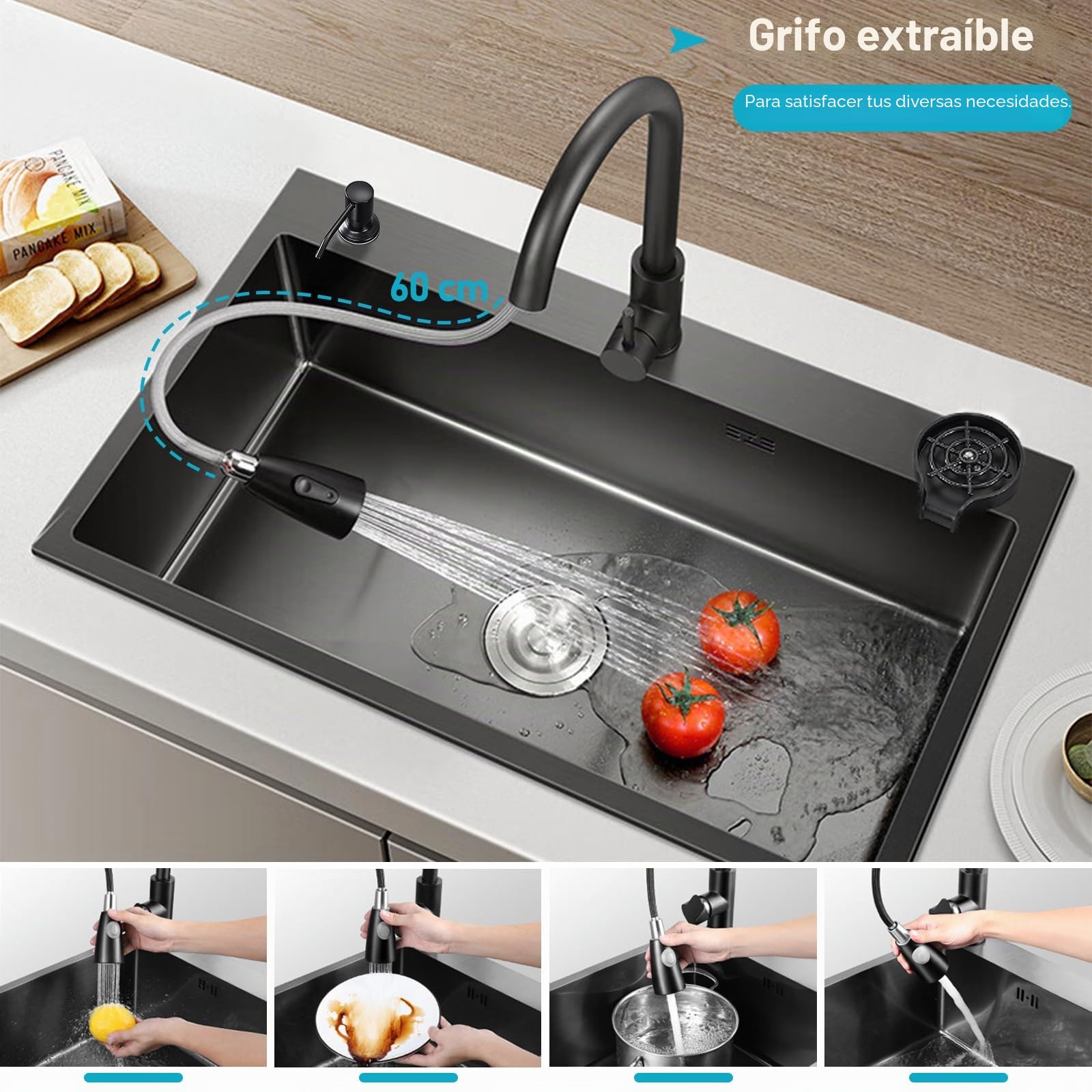Fregadero de Cocina de Acero Inoxidable 60 cm, Fregadero Empotrado de 3 Agujeros con 1 Cubeta, Set Completo con Grifo Extraíble, Lavavasos y Kit de Desagüe (Gris Oscuro, 60 x 45 cm)