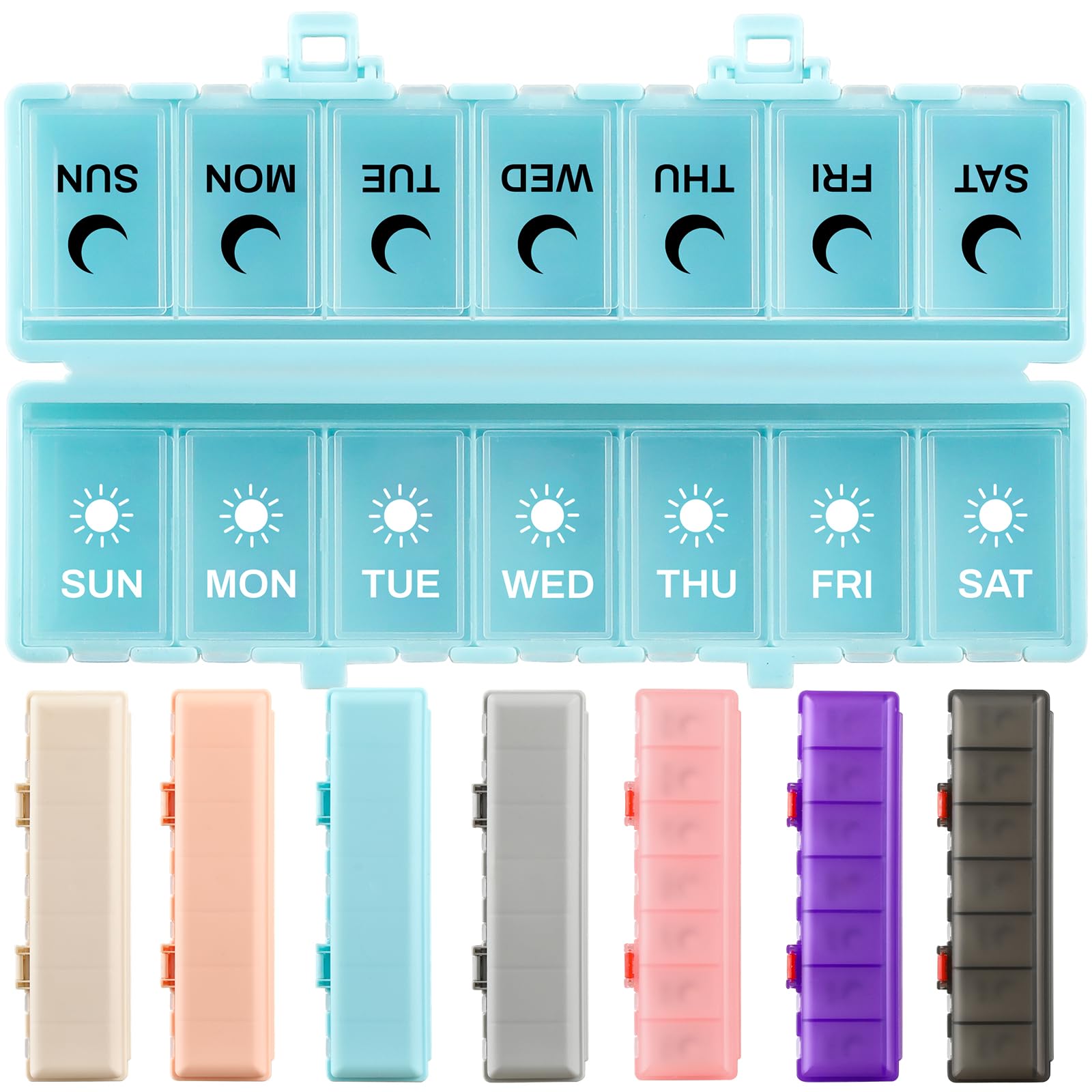 Photo 1 of Foldable Pill Organizer Weekly 2 Times a Day, 7 Day Portable AM PM Travel Pill Case with Black&White Labels, Dual-Protection Daily Medicine Box, Large Pill Container for Vitamin/Supplement-Blue