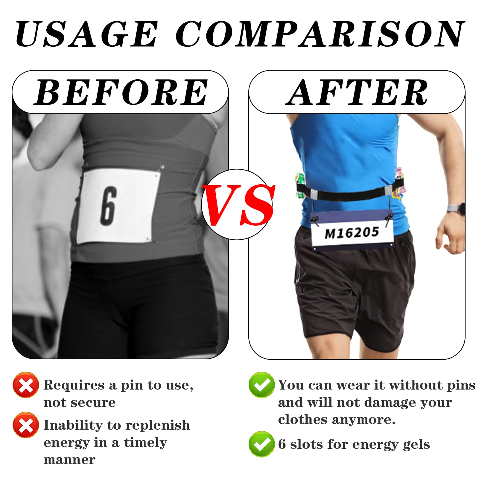 Porte Dossard, Ceinture Running, Numéro de Coureur, Ceinture Porte Dossard pour Course à Pied, Triathlon et Cyclisme - Légère, Ajustable, et Pratique sans Épingles (Noir)