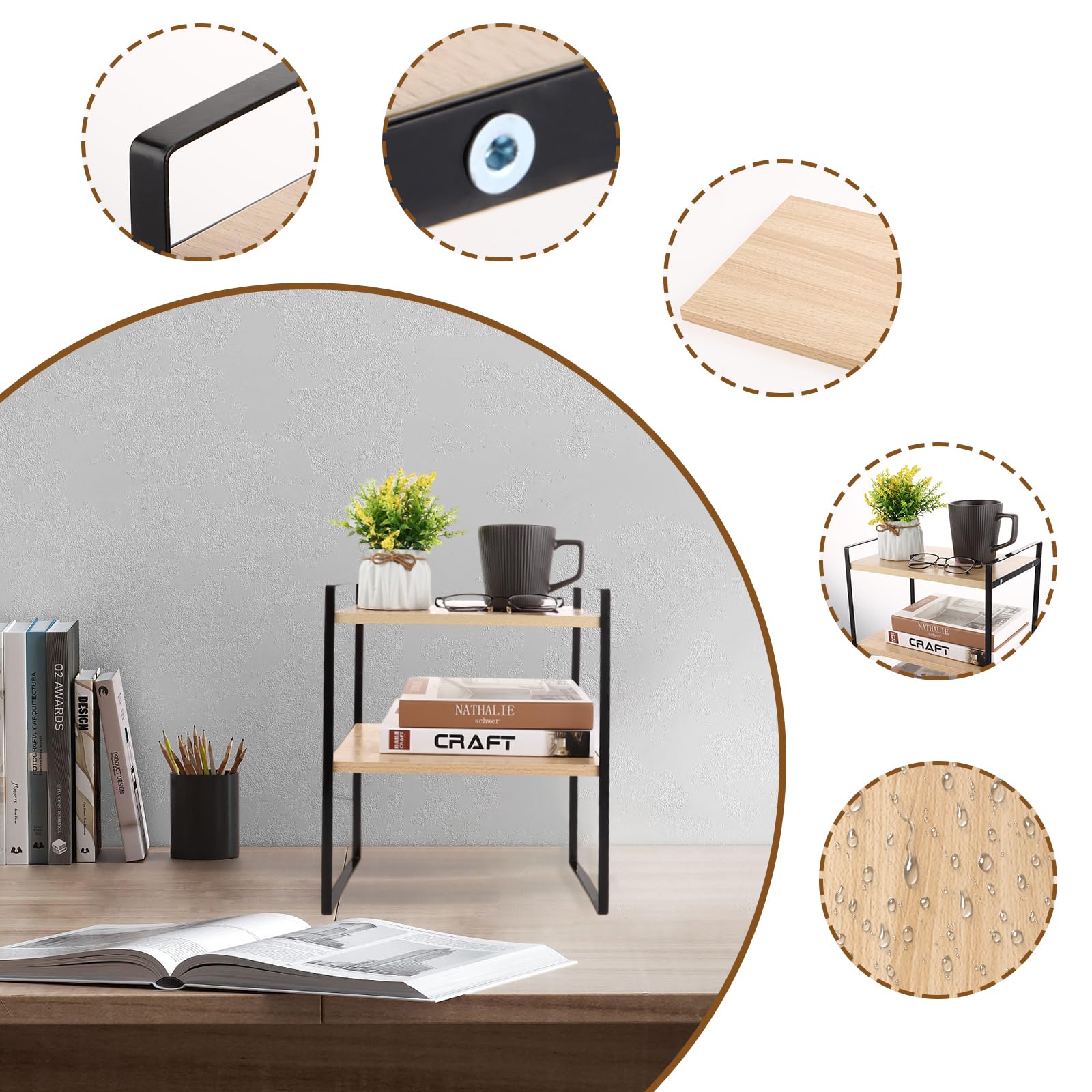 Mensola da scrivania, ripiano da cucina, mini scaffale in legno a 2 livelli, per scrivania, comò e cucina, piano di lavoro (nero + legno)