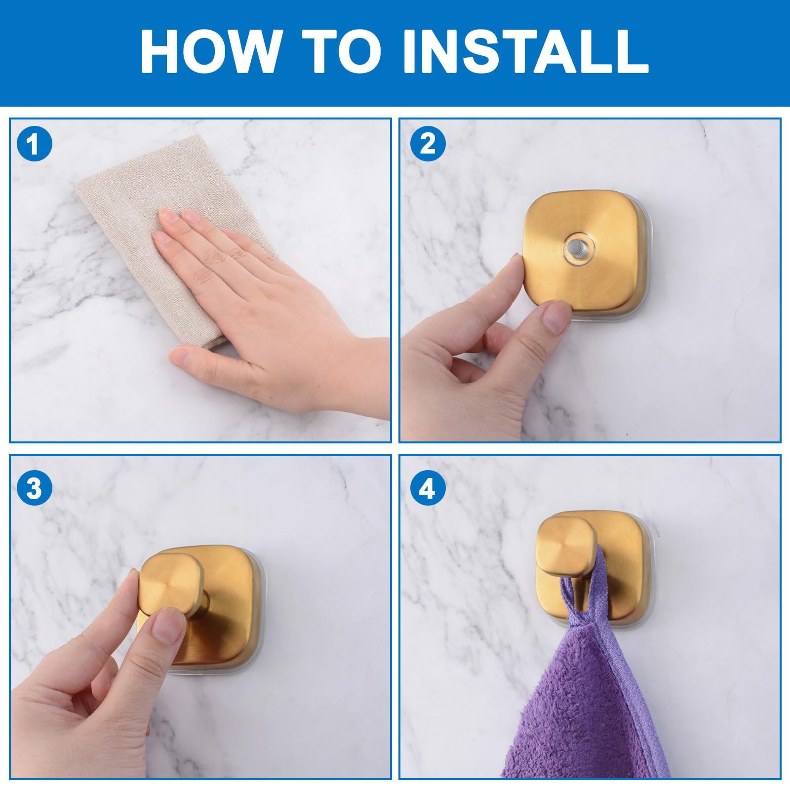 INCREWAY 4PCS Golden Square Suction Cup Hooks, No-Drill Hooks Plastic Waterproof Hanger for Bathroom Living Room, Kitchen - Image 4