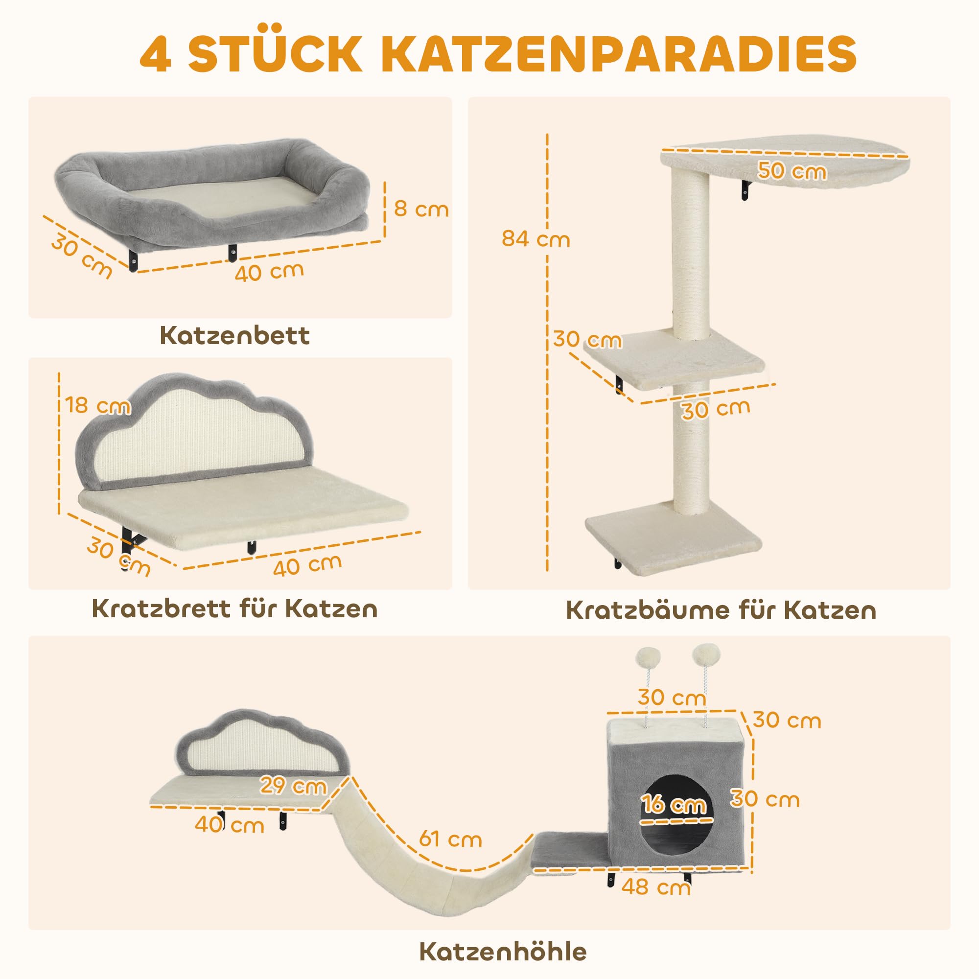 PawHut Katzen Kletterwand Set Kratzbrett 4-teilig bis zu 5 kg Beige | Bett, Kratzbaum mit Höhle, Weicher Leiter, Katzenmöbel