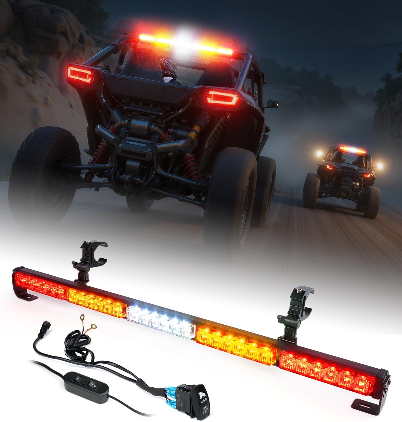 30'' UTV LED Chase Light Bar w/ 1.75''-2'' Roll Cage Mount Bracket Rear Flashing Lightbar w/Brake, Running, Turn Signal & Strobe Lights for Polaris RZR Can-Am Yamaha Kawasaki 4x4 Trucks (RBYBR)