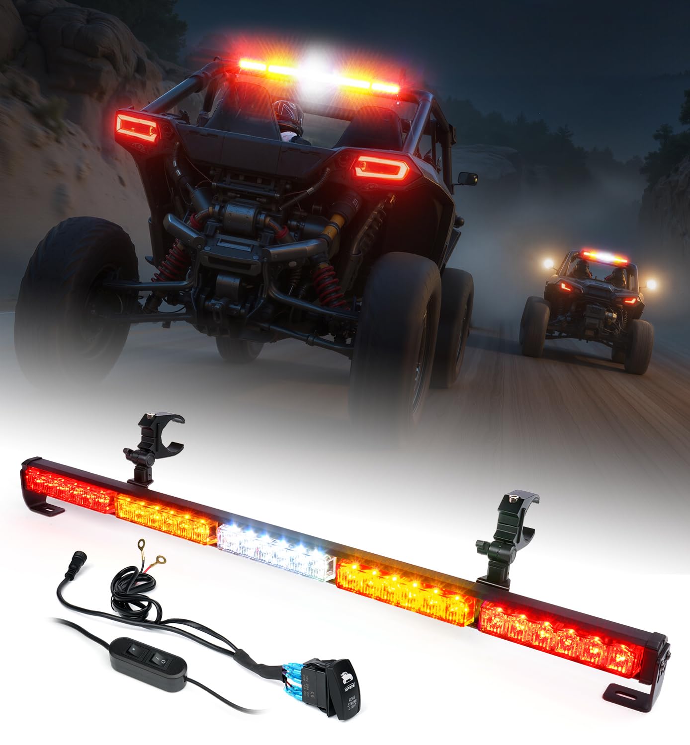 30'' UTV LED Chase Light Bar w/ 1.75''-2'' Roll Cage Mount Bracket Rear Chase Light Bar w/Brake, Running, Reverse & Turn Signal Lights for Polaris RZR Can-Am Yamaha, Kawasaki 4x4 Trucks (RYWYR)