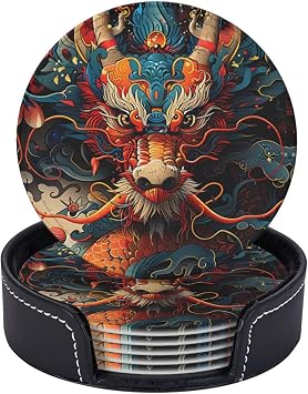 Dragon Coasters Set of 6 Dragon Coasters for Drinks with Holder 6 Pcs Dragon Drink Coasters Sets for Living Room Kitchen Coffee Bar Round Cup Pad Table Coasters