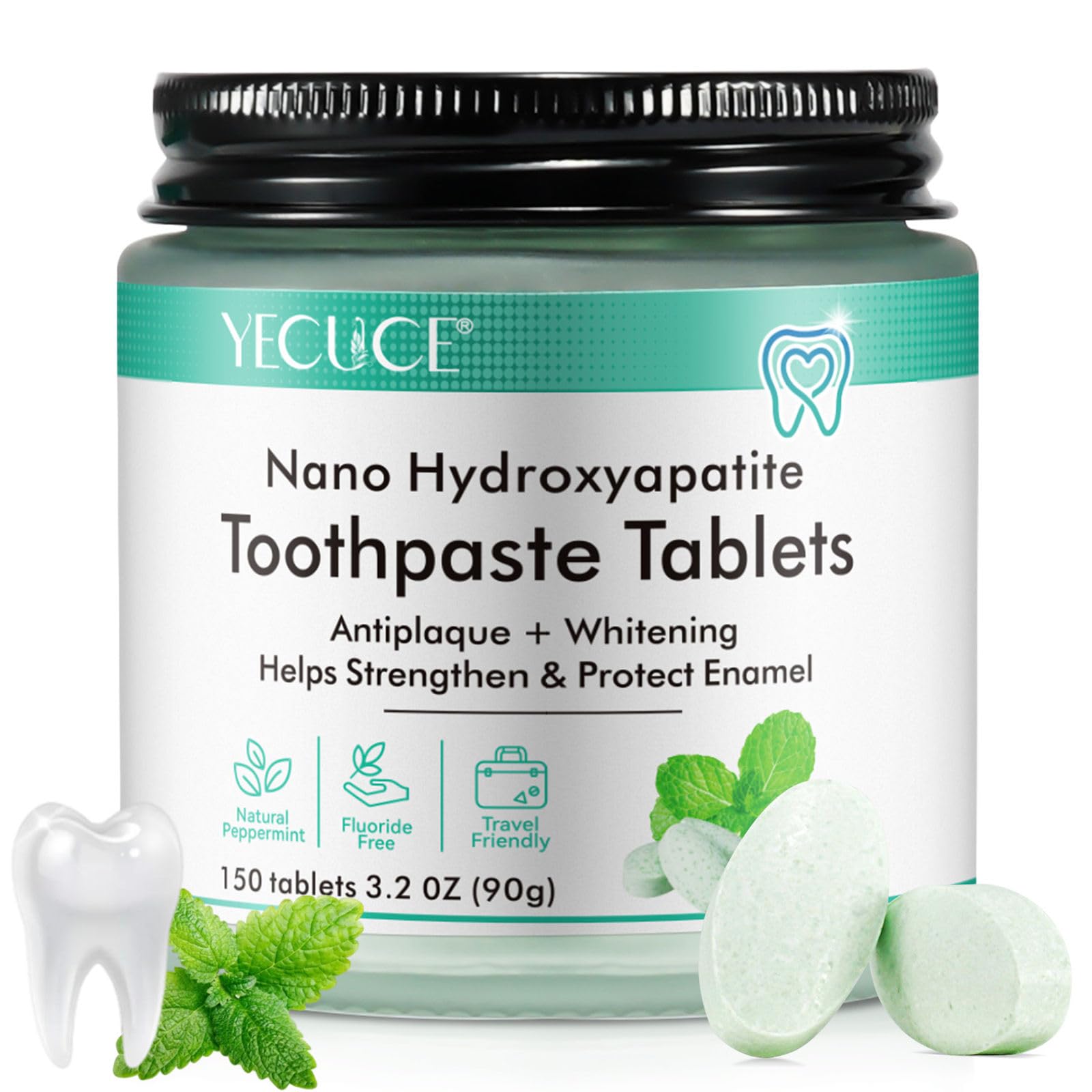 Toothpaste Tablets 150 Counts, Sensitive Bites With Nano Hydroxyapatite, Travel Mouthwash Tablets Help Strengthen & Protect Enamel, Chewable Tablet (Peppermint)