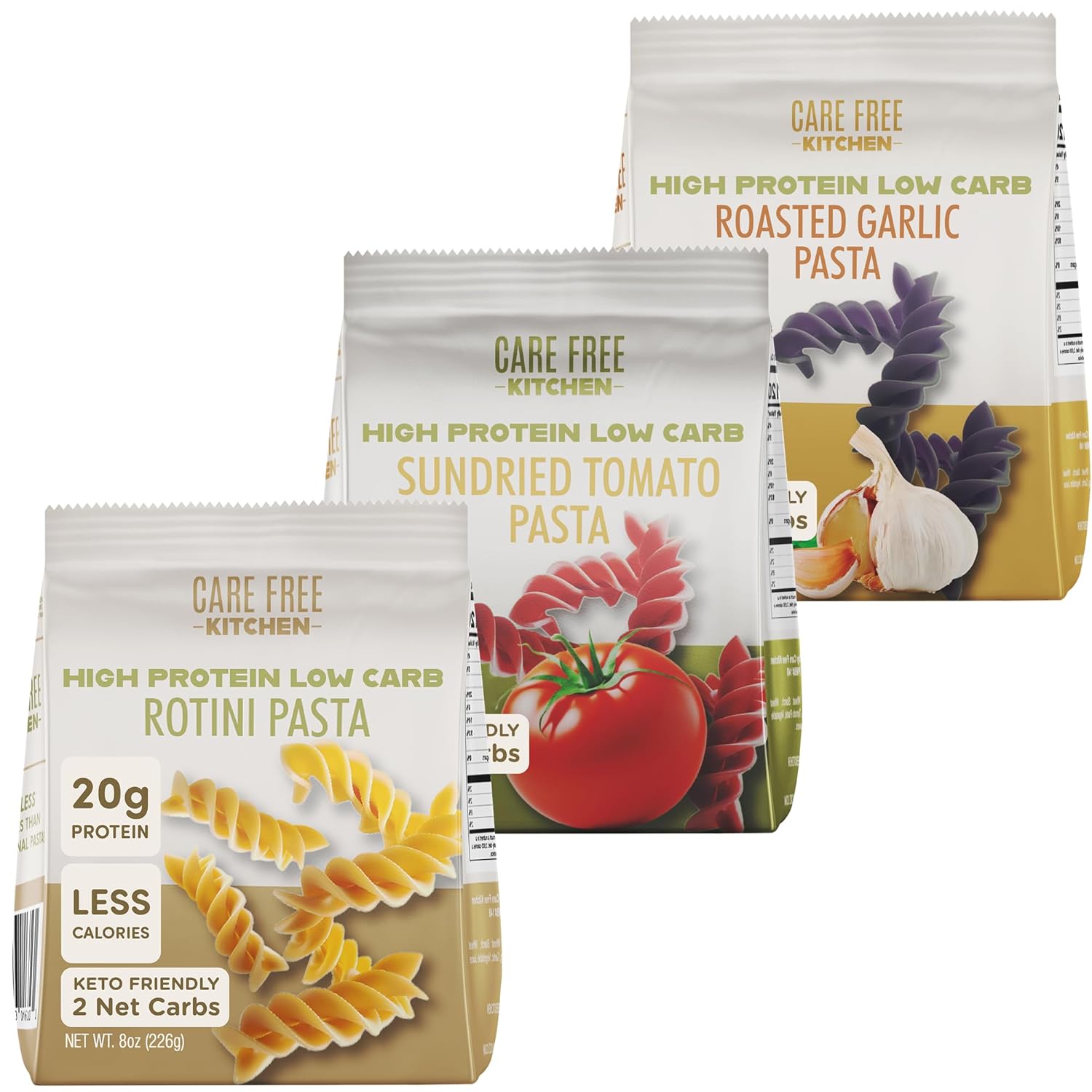 Care Free Kitchen Rotini Keto Pasta Noodles Variety 3-Pack (8 oz. Bags) Plain, Sundried Tomato, Roasted Garlic, 20g High Protein, Low Carb 2g Net Carbs, 26g High Fiber