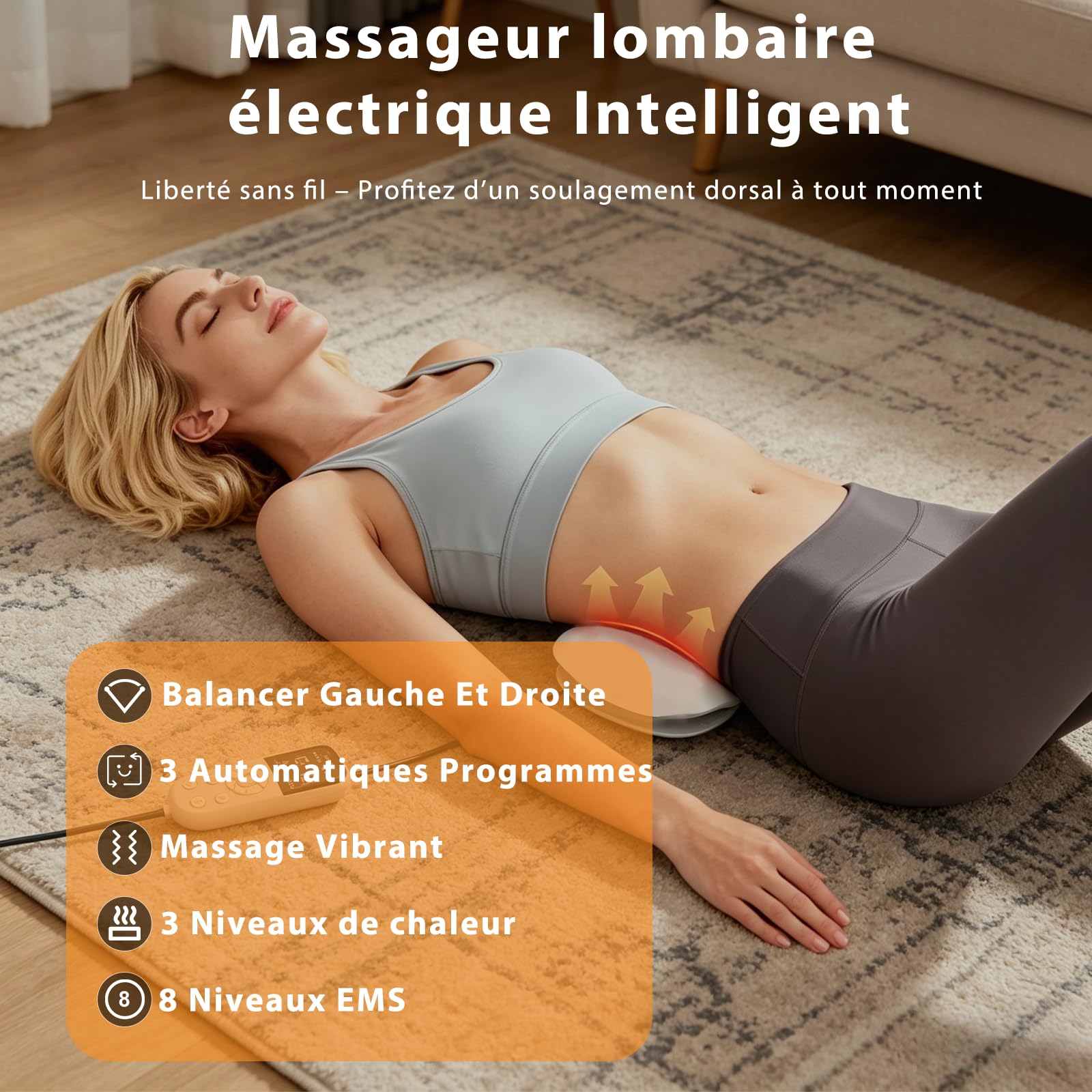 4 en 1 Appareil de Massage Lombaire électrique, 3 Niveaux Appareil de Massage Dorsal Sans Fil avec Traction 26°par Airbag, Compresse Chaude, Electrothérapie EMS à 8 Niveaux, par Vibrations
