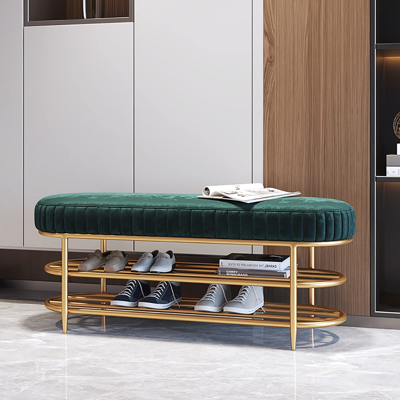 Banc à chaussures velours vert : ne glissez plus en mettant vos chaussures dans l'entrée