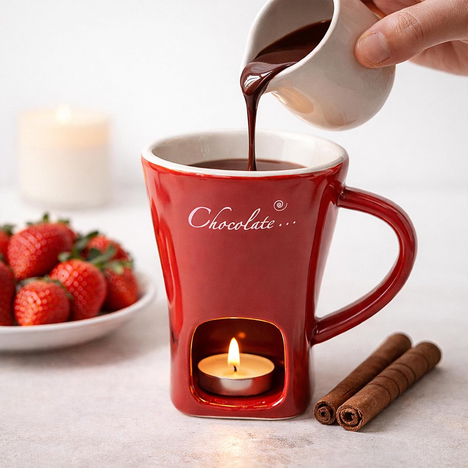 Fondue Cups Tealight Chocolate Melting Mug with 4 Fork and 3 Candle, Ceramic Melt Cup for Sweet Cheese Butter 130 ml Warmer Hot Pot Dipping Meltie Handcrafted Ideal Gift Birthday Date Night Wedding