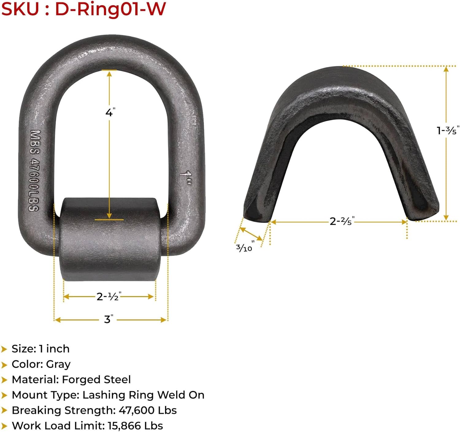 Mytee Products (10 Pack) 1" Heavy Duty Weld-On Forged D Ring 47,000 Lbs