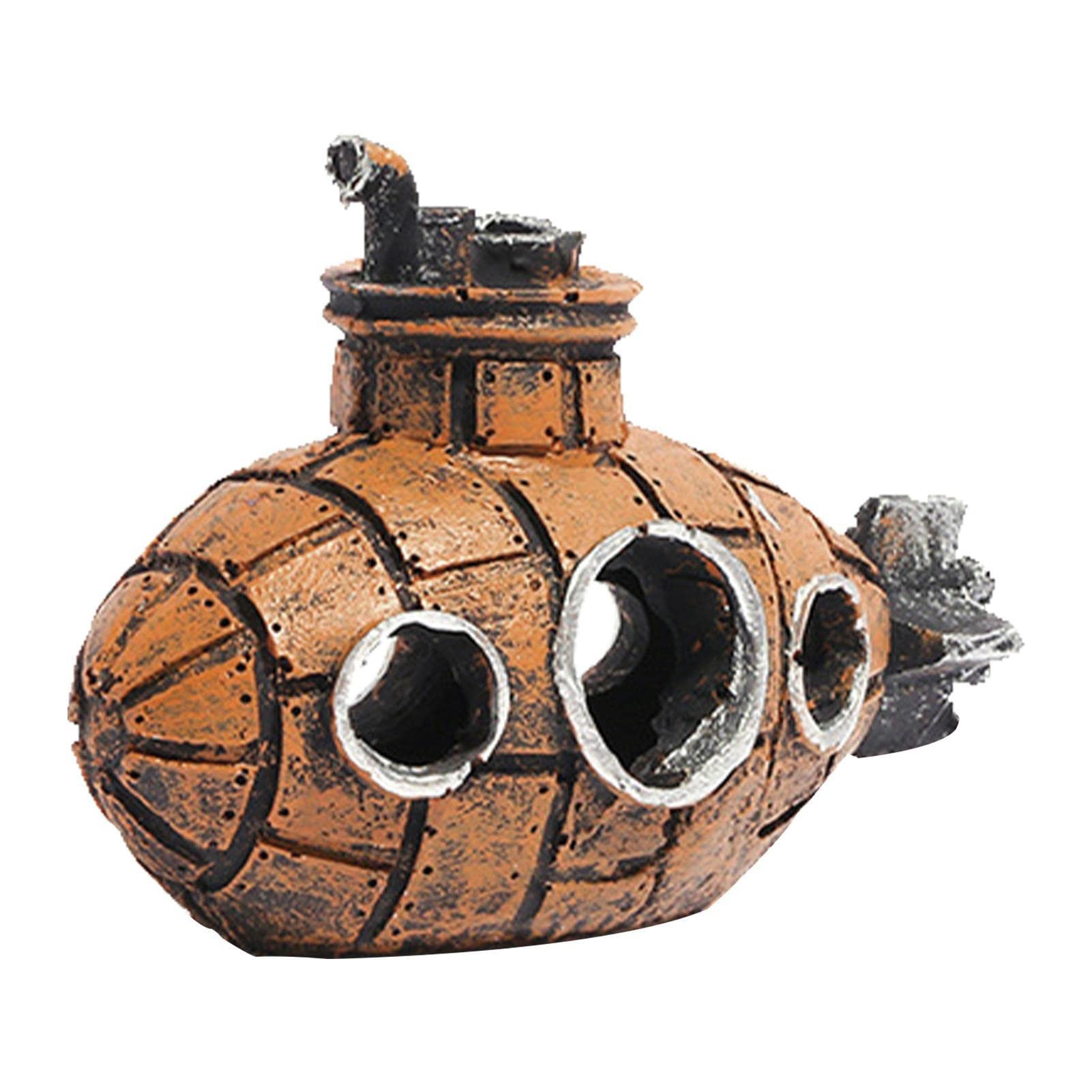 Hitburu Green Submarine Fish Tank Decorations - Retro Submarine Aquarium Decorations - Retro Old Submarine Wreck Ornament, Resin Underwater Fish Tank Decor