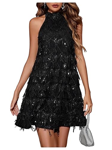 OYOANGLE Women's Sequin Sparkly Cocktail Party Dress Glitter Sleeveless Halter